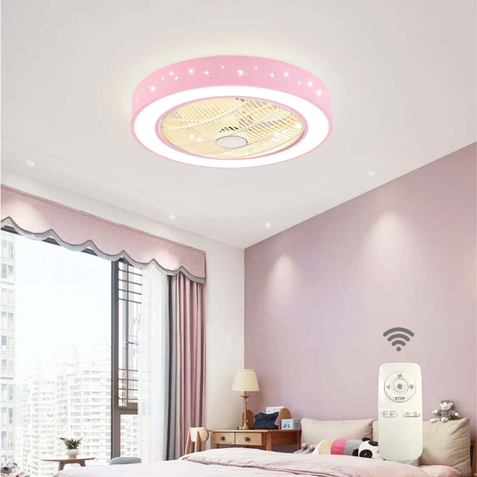 Premium Ceiling Fan with LED, Modern, Pink - Pink Iron Acrylic - Essential Collection Model 115696