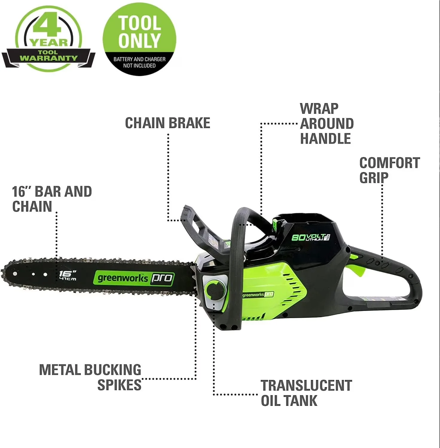 Reliable Chainsaw with Battery, 80V, Chain Brake - Green - Durable Build Model F9A0D4