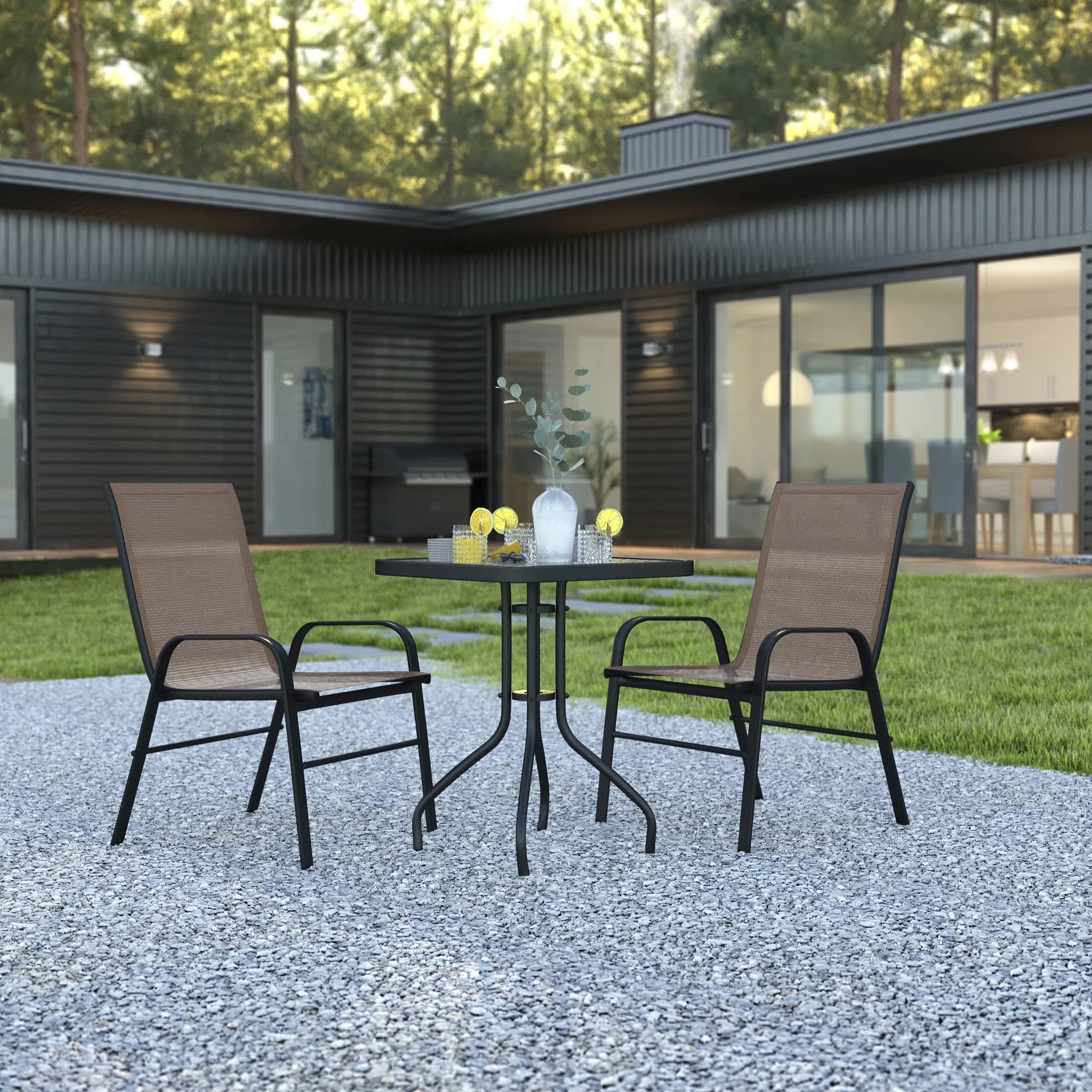 Essential Patio Dining Set with Brown, Top Size: 23.5" Square; 1.5" Edge Top - Brown Fabric, Steel, Textilene, Glass, Plastic Model 12ABF9