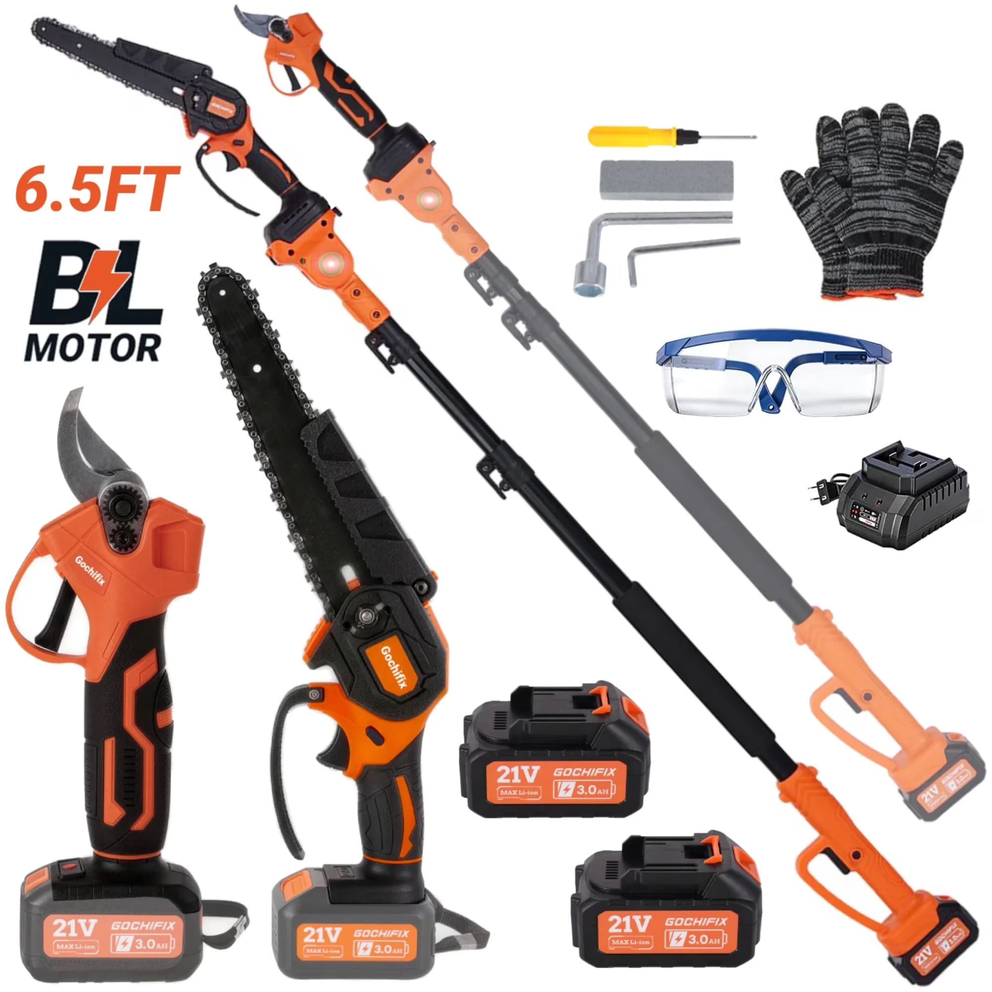 Professional Pole Saw with Battery, Telescoping, Chainsaw - Orange 2 PCS Model 2F1BB1