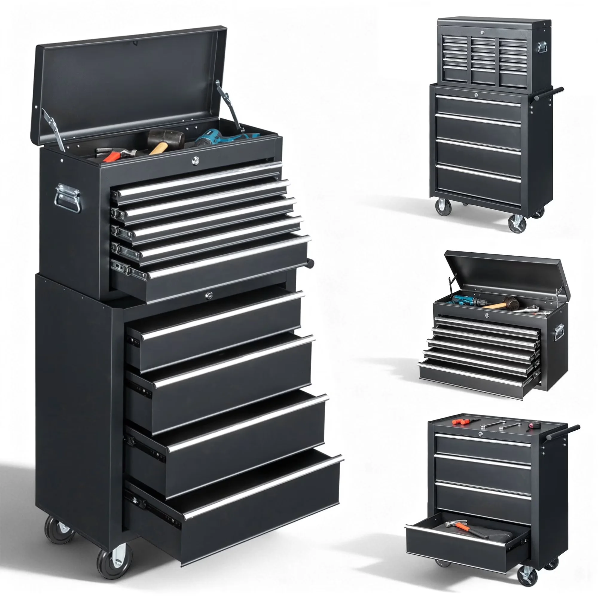 Toolstorage Versatile with Lockable, Lockable Garage Organizer Cart, 8-Drawer Tool Chest on Wheel - Black Steel Model E67F75