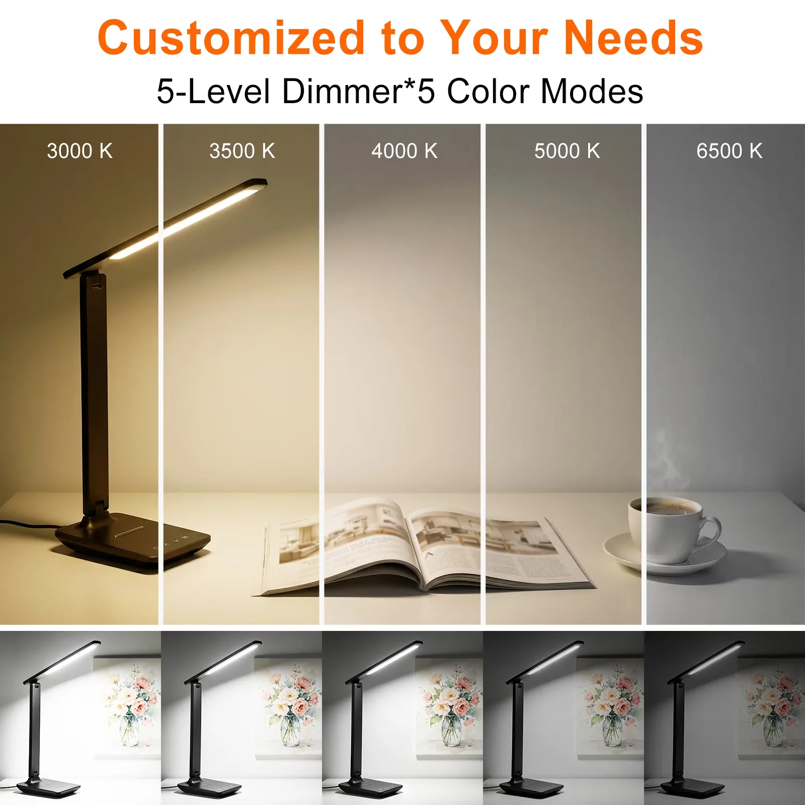 Durable Desk Lamp with LED, Standard Lamps - Plastic Black for Home Office, Study Model FDF419