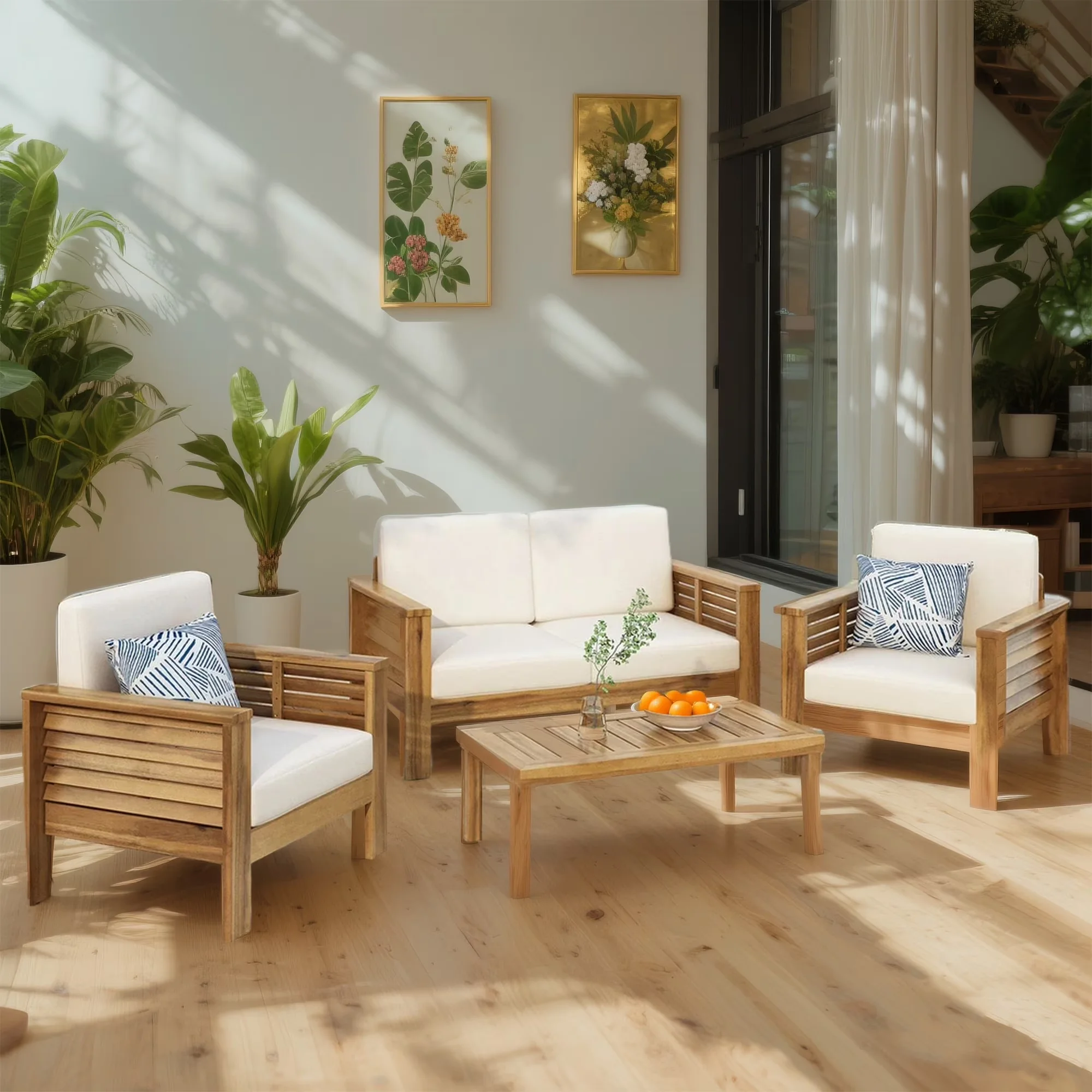 Innovative Patio Conversation Set with Weatherproof, Teak Acacia Wood Loveseat and Table, Slatted Seating - Acacia Wood Beige Model 41B2F9
