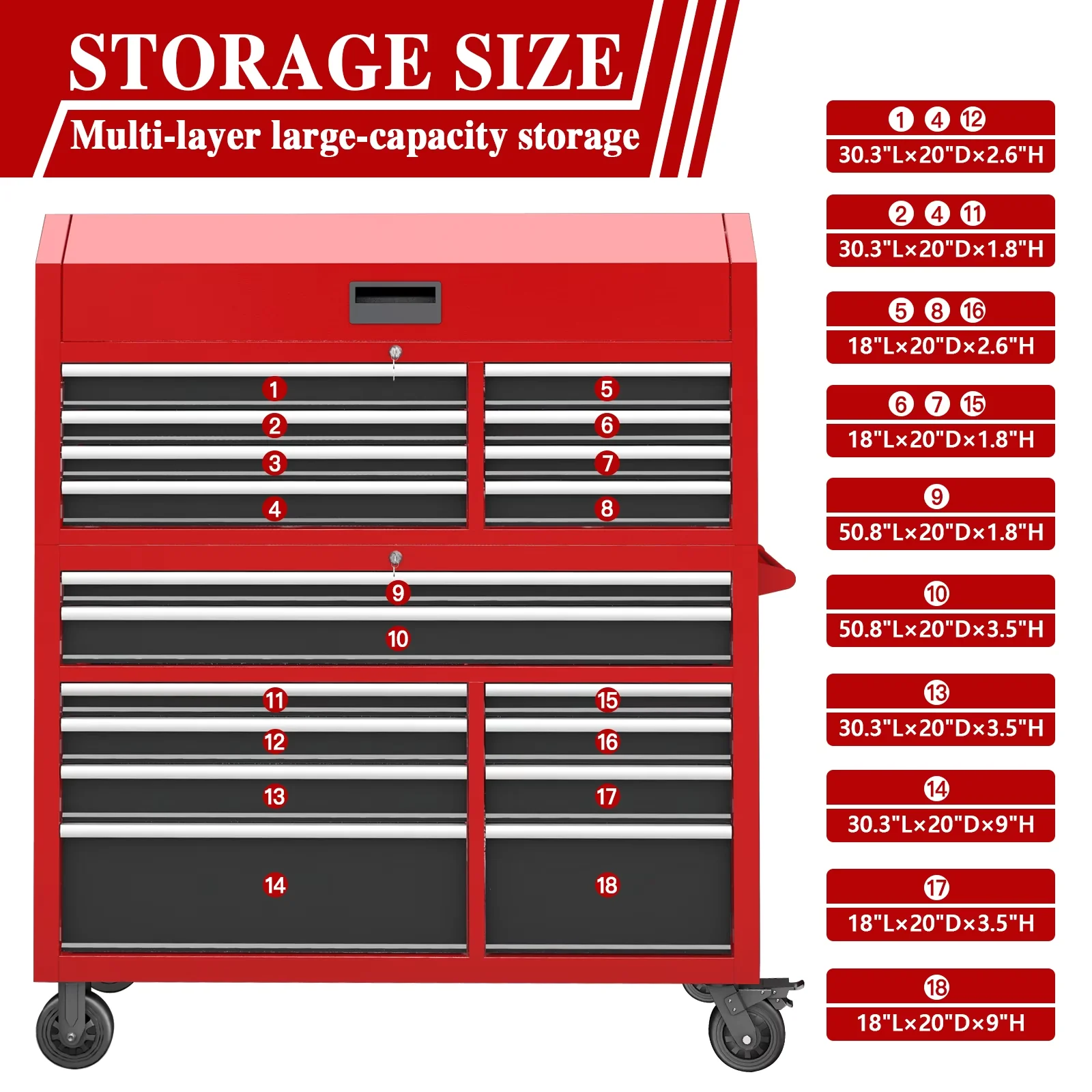 Quality Toolstorage with Rolling, Storage, Locking System and Ball Bearing Slides - Red Metal for Garage Model 8BBC4C