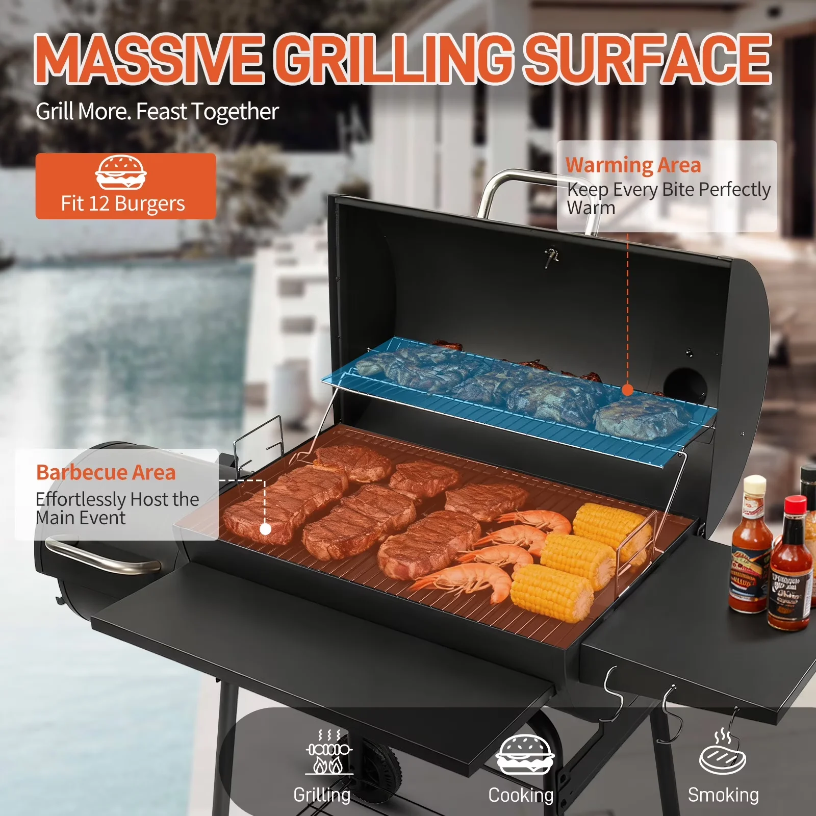 Durable Charcoal Grill with Warming Rack, Thermometer - Black Steel for Outdoor Model 64FFD3