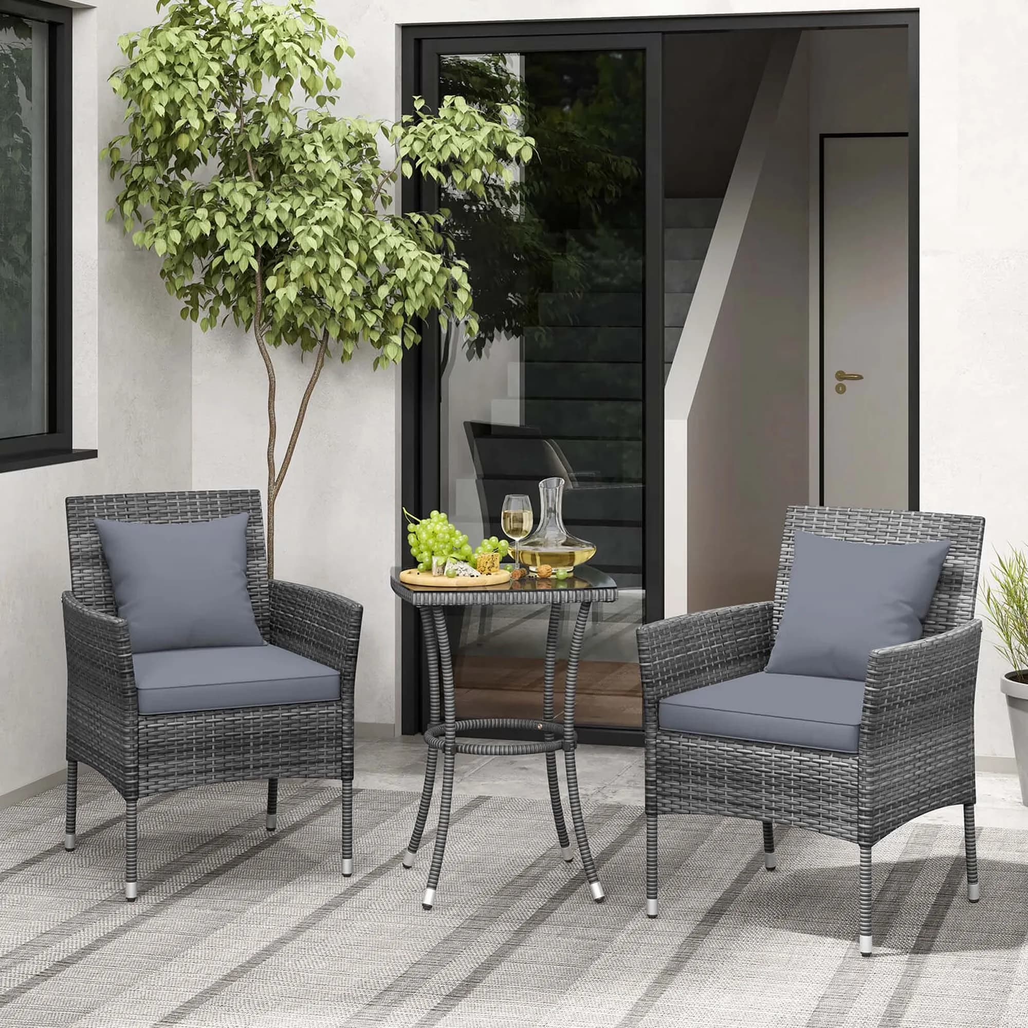 Modern Patio Conversation Set with 3 PCS Furniture - Pe Rattan, Metal, Tempered Glass, Polyester, Sponge Gray Model 7B95C9