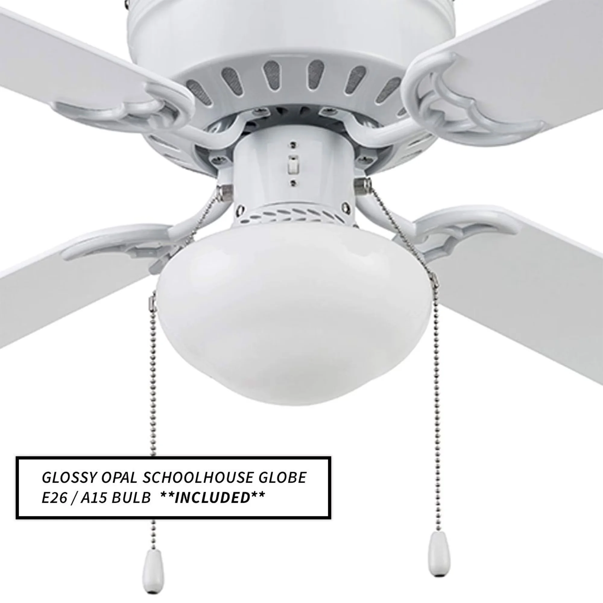 Compact Ceiling Fan with LED, Reversible Blades, Traditional - Opal Glass White Model C57C6B