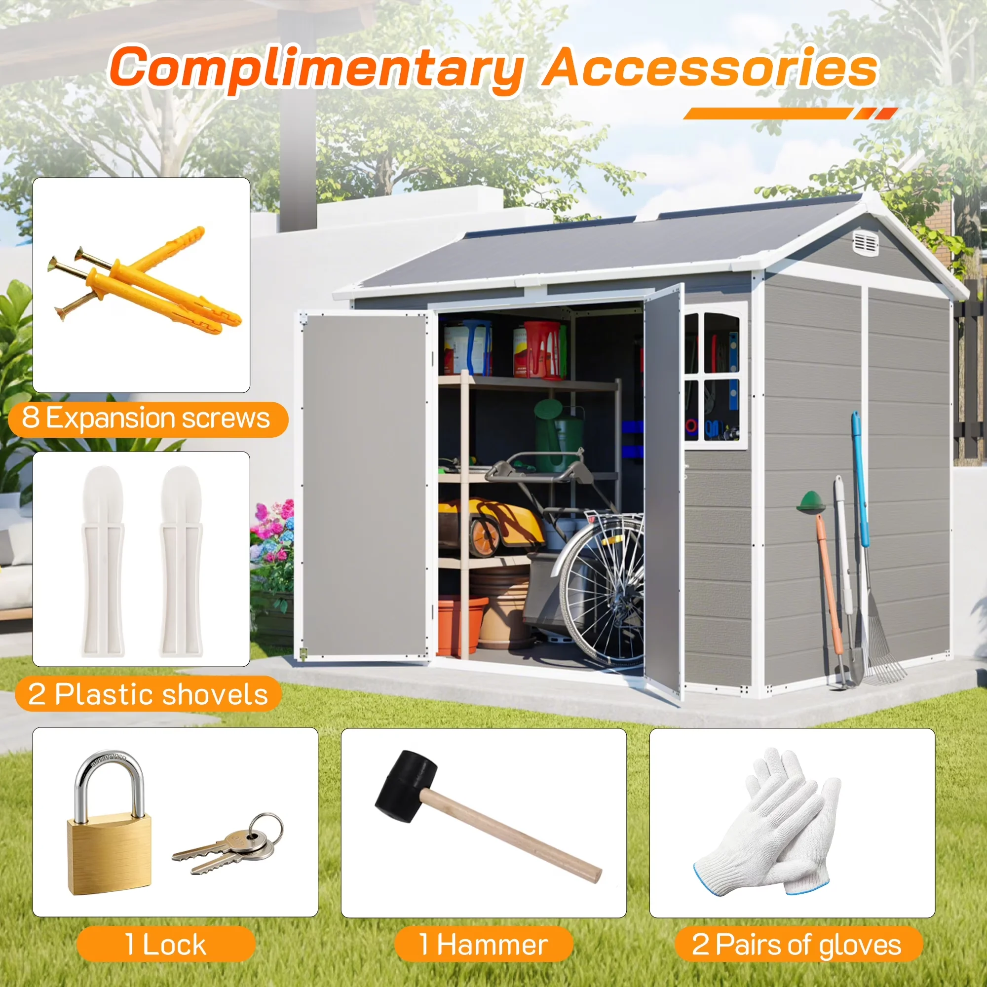 Quality Shed with Lockable Door, Mold Resistant, 8' x 6' Outdoor Resin - Plastic Gray Model 8E4E56