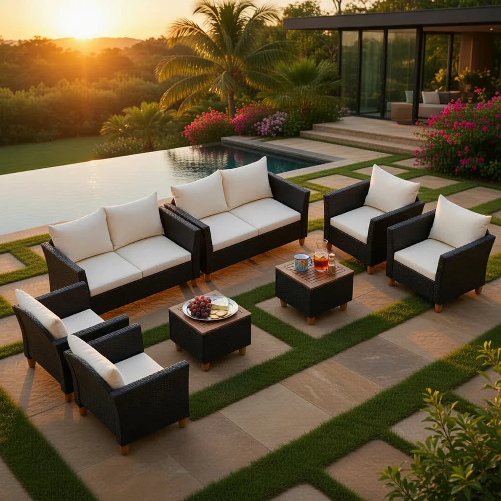 Patio Conversation Set Quality with Storage, Color of Cushion:Gray/Navy/Off White - White Pe Rattan, Acacia Wood, Metal, Polyester,... Model 6A459A