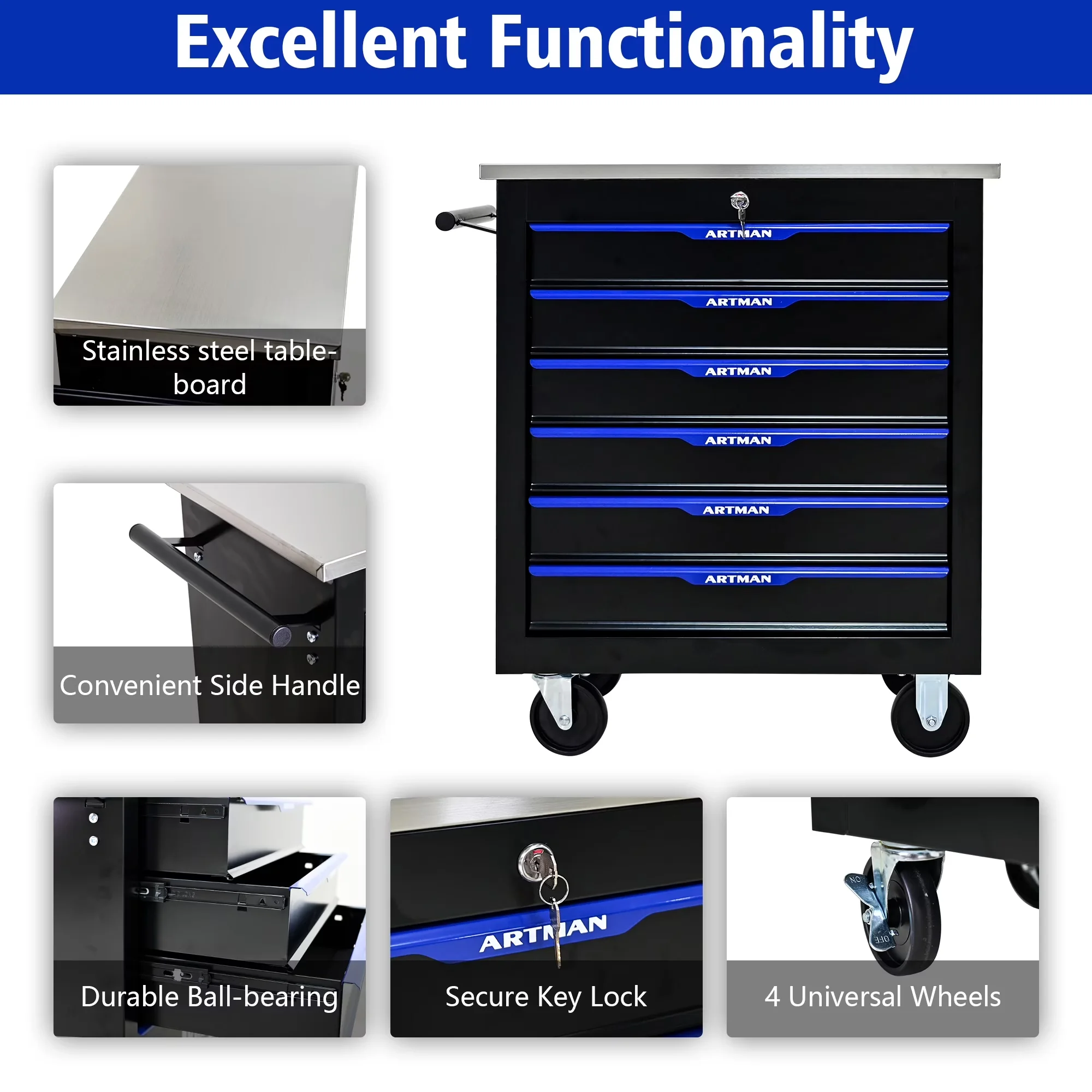 Essential Toolstorage with Rolling, Storage, 6-Drawer Tool Storage Chest - Blue Steel Model 01A76C