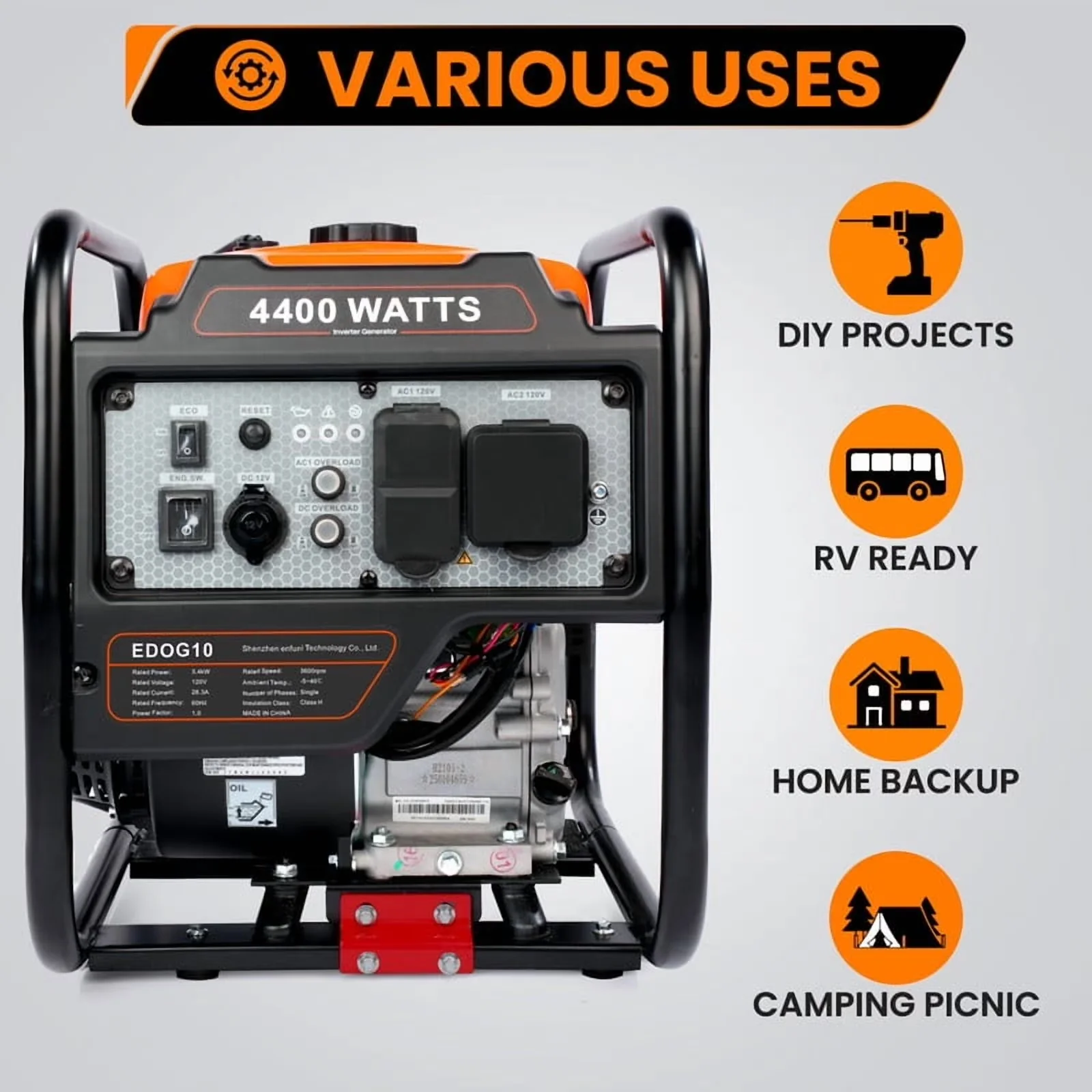 Durable Generator with 4400W, Low Oil Shutdown, 4400W Inverter Gas Powered for Home, Outdoor - Model 751FC0