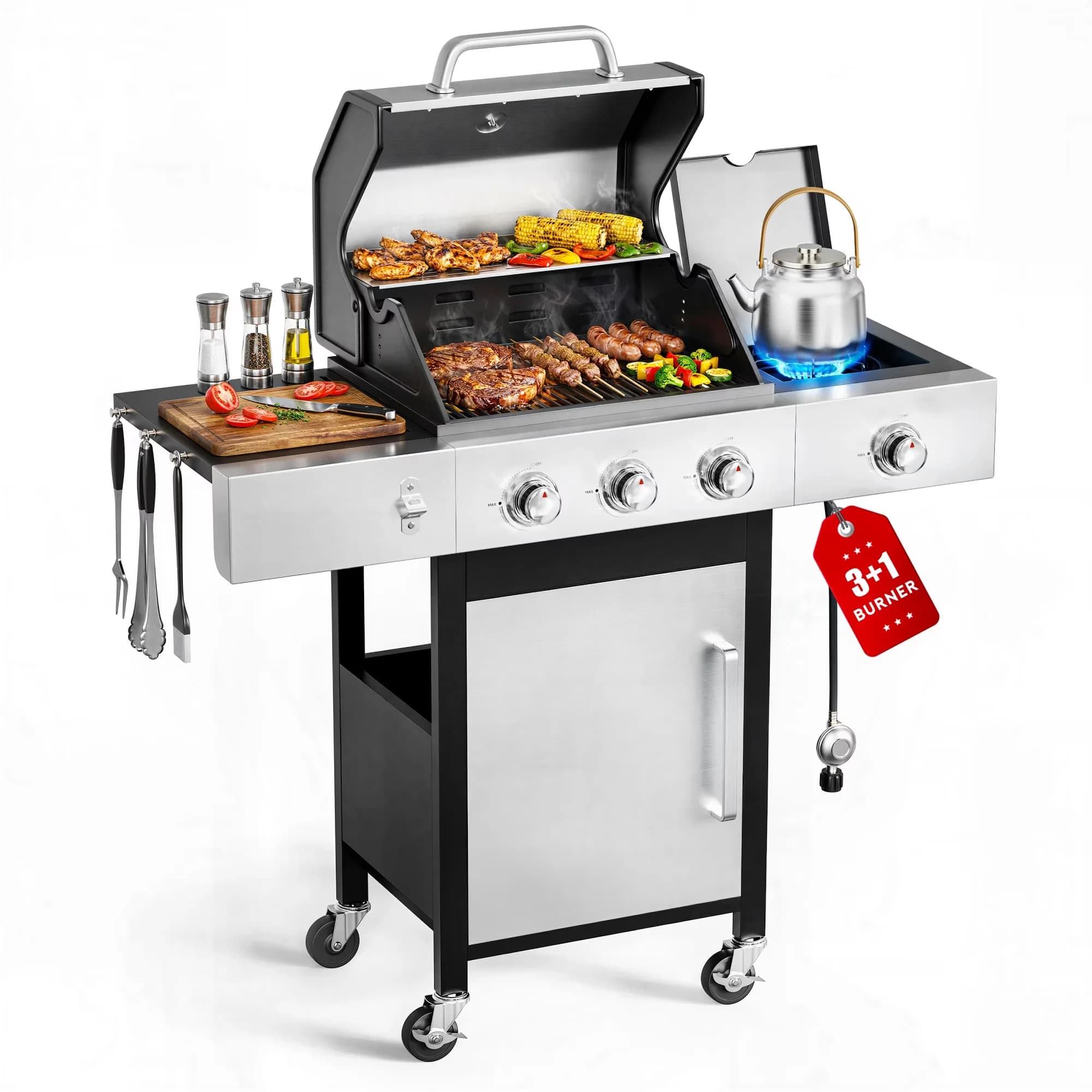 Innovative Gas Grill with 40800 BTU, Enclosed Cabinet - Silver Stainless Steel, Porcelain-Enameled Cast Iron for Outdoor Model 66A0E7