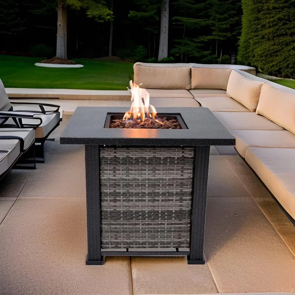 Innovative Outdoor Heating with Weather-Resistant, Lava Rocks & Lid Durable Firepits - Gray Iron, Wicker for Outdoor Model F90674