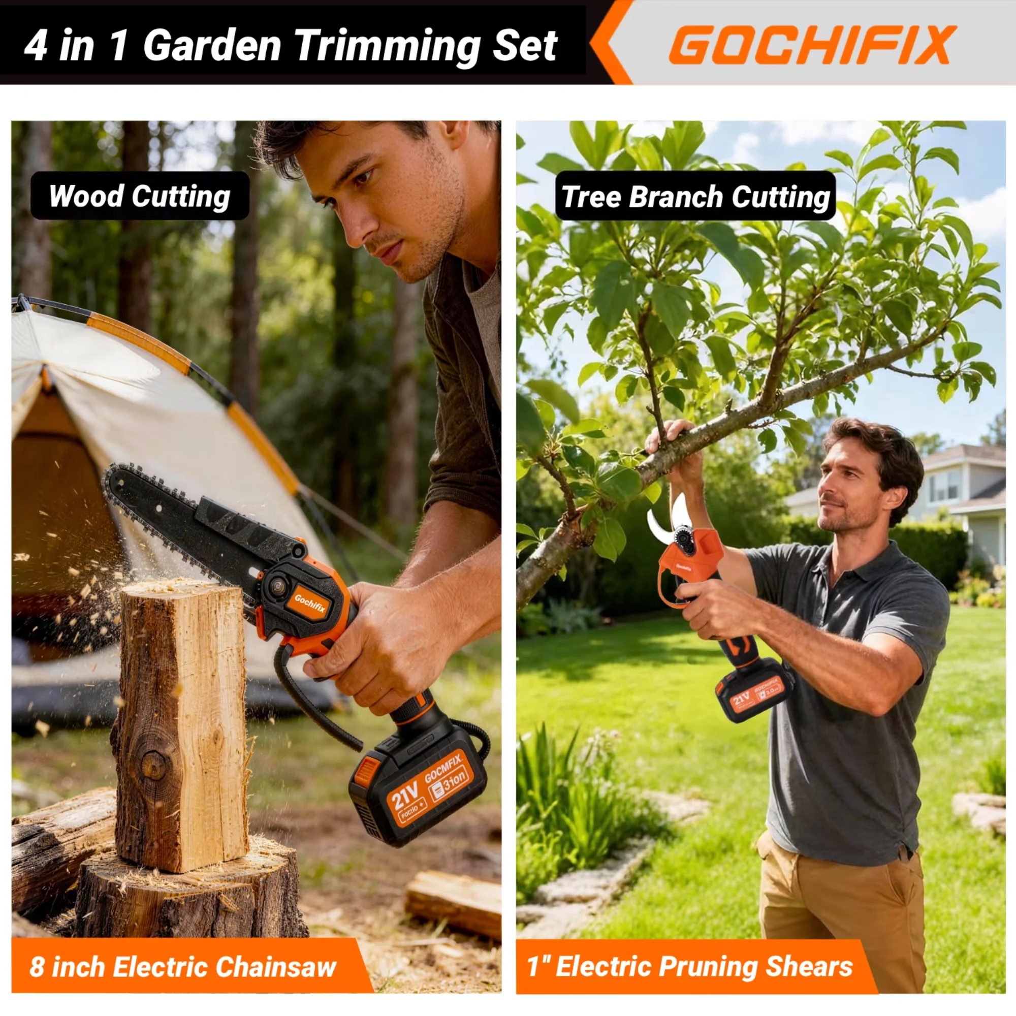 Professional Pole Saw with Battery, Telescoping, Chainsaw - Orange 2 PCS Model 2F1BB1
