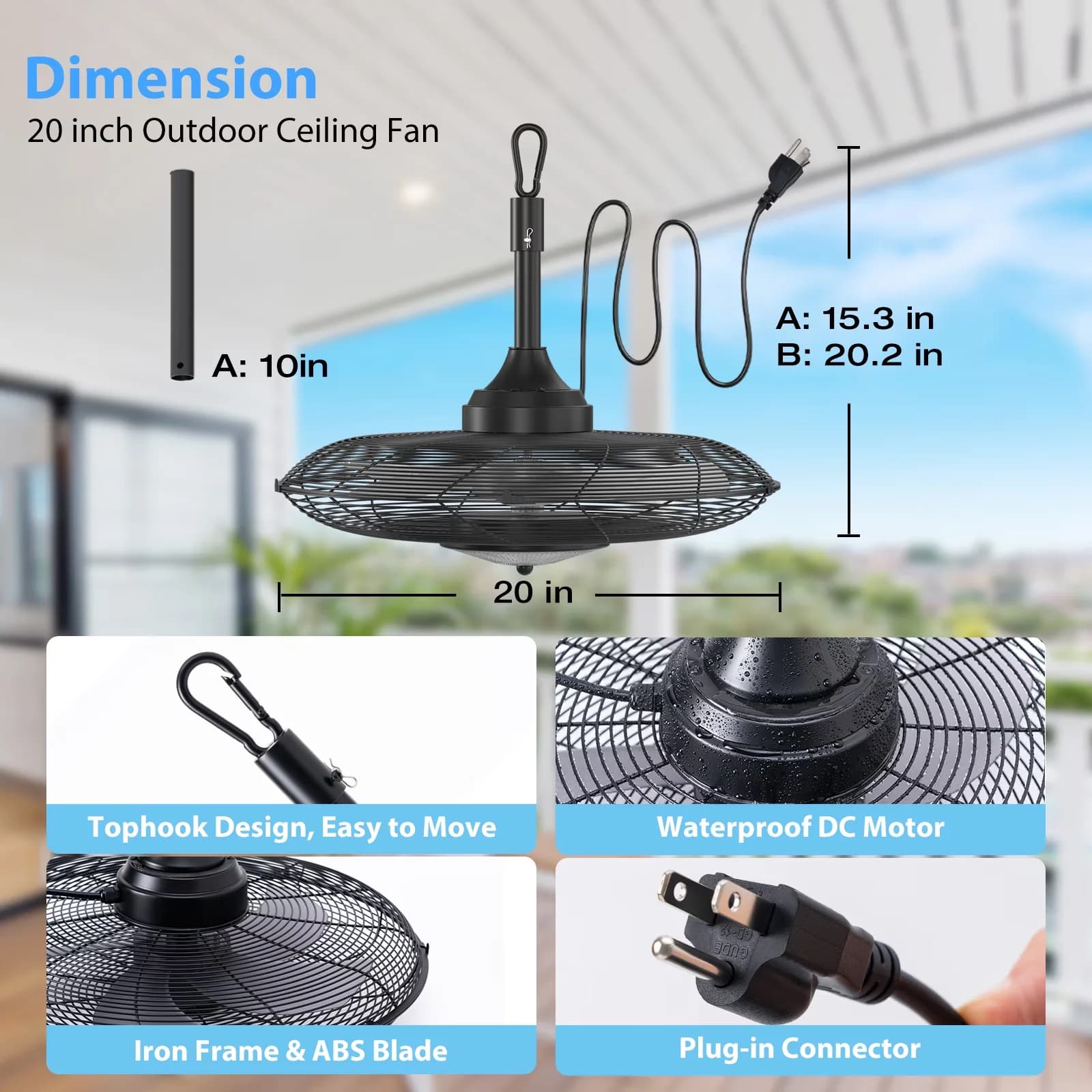 Essential Ceiling Fan with LED, Energy Efficient, Bluetooth Compatible - Black Model 6CC1DD