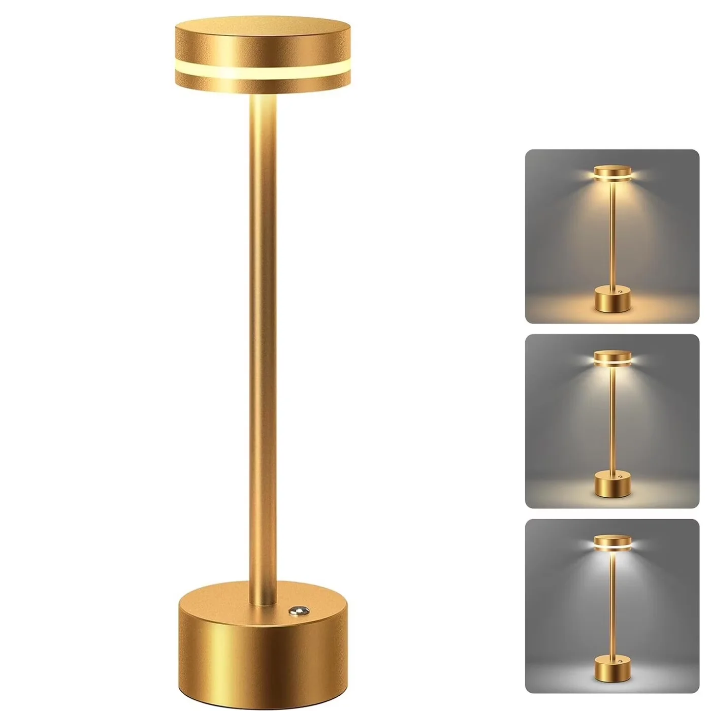 Compact Lamp Set with LED, Battery, Cordless Metal Desk - Aluminum Metal Gold Model D386AD