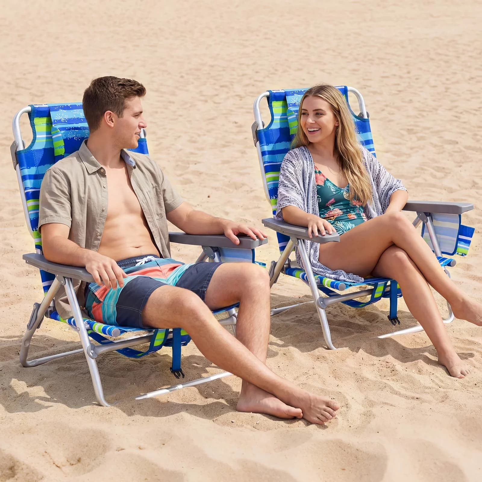 Quality Beach Chair with Adjustable, 5-Position Backrest & Padded Headrest, Cup Holder & Ice Bag Blue Stripe - Blue Model B1CB3A