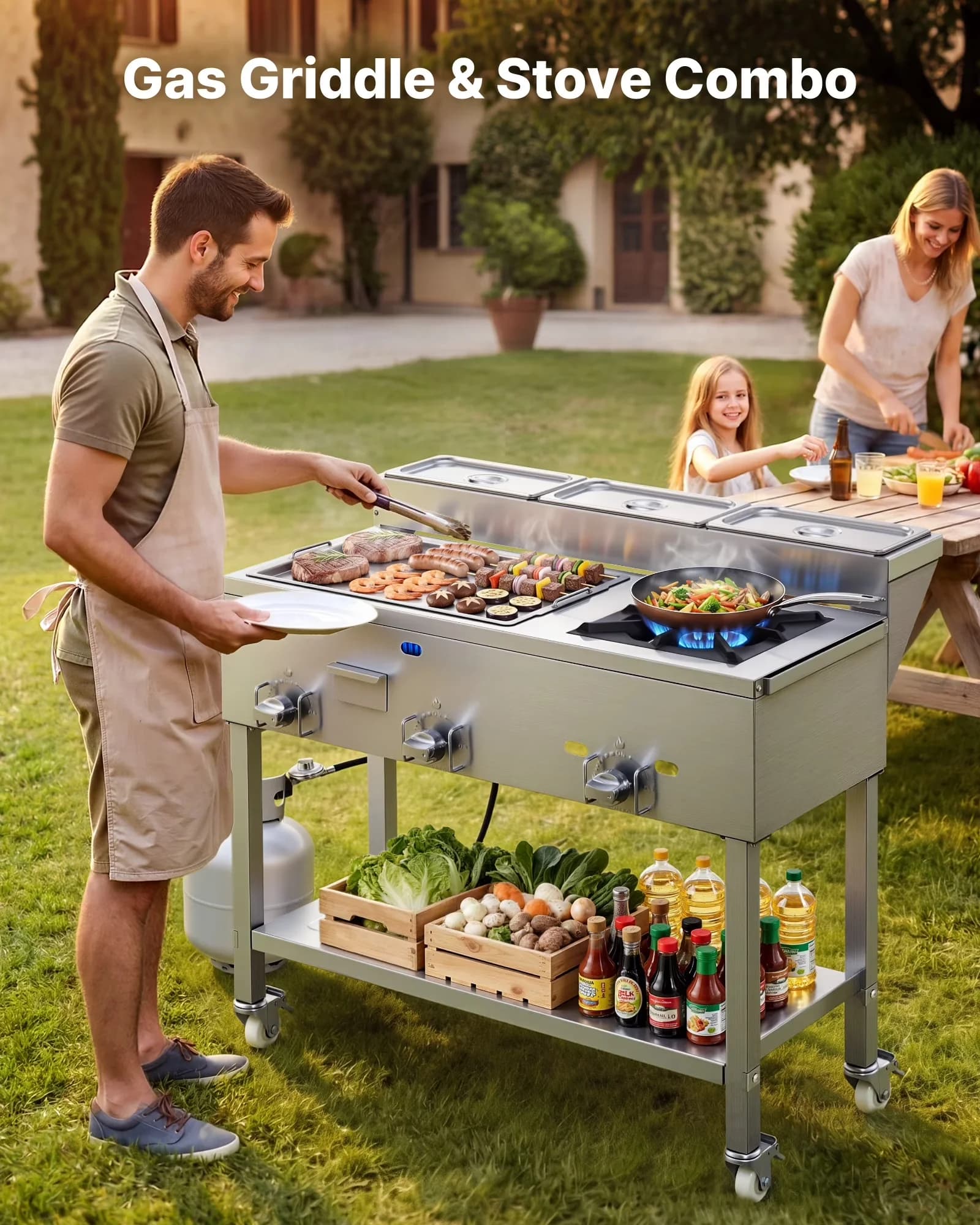 Flat Top Grill Stylish with 11600 BTU, Commercial Stainless Steel Griddle, Three 1/3 Size Food Pans - Model F16CFD
