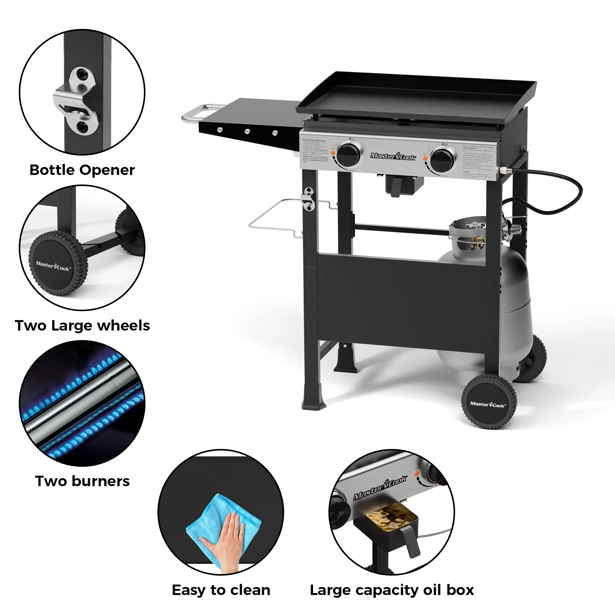 Gas Grill Compact with Storage Rack, 2-Burners Propane Griddle - Black Cast Iron for Outdoor, Camping Model D684C0