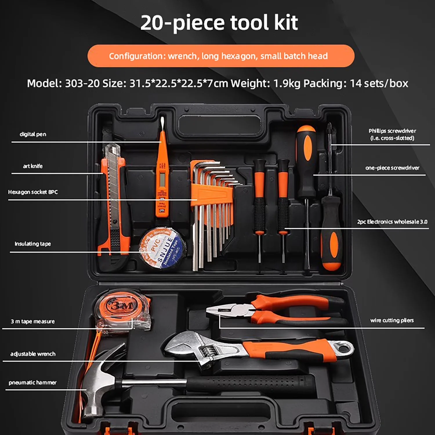 Hand Tool Set Modern with Compact, 20-piece home, essential repair tools - Orange for Home Model BEC8A1