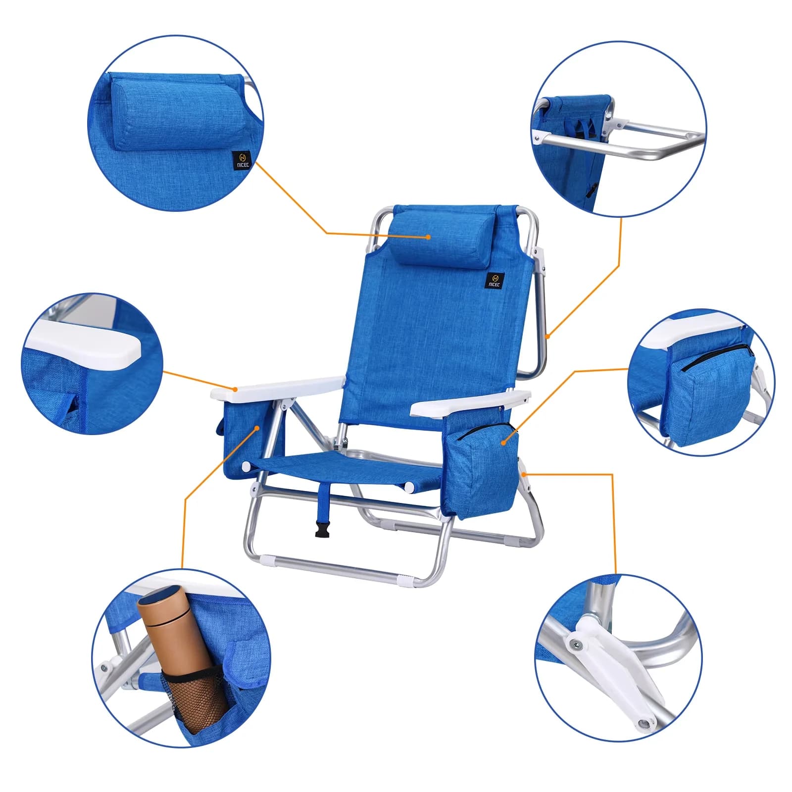 Classic Beach Chair with Adjustable, Folding, Cooler - Blue Polyester Backpack Model BEE5D5
