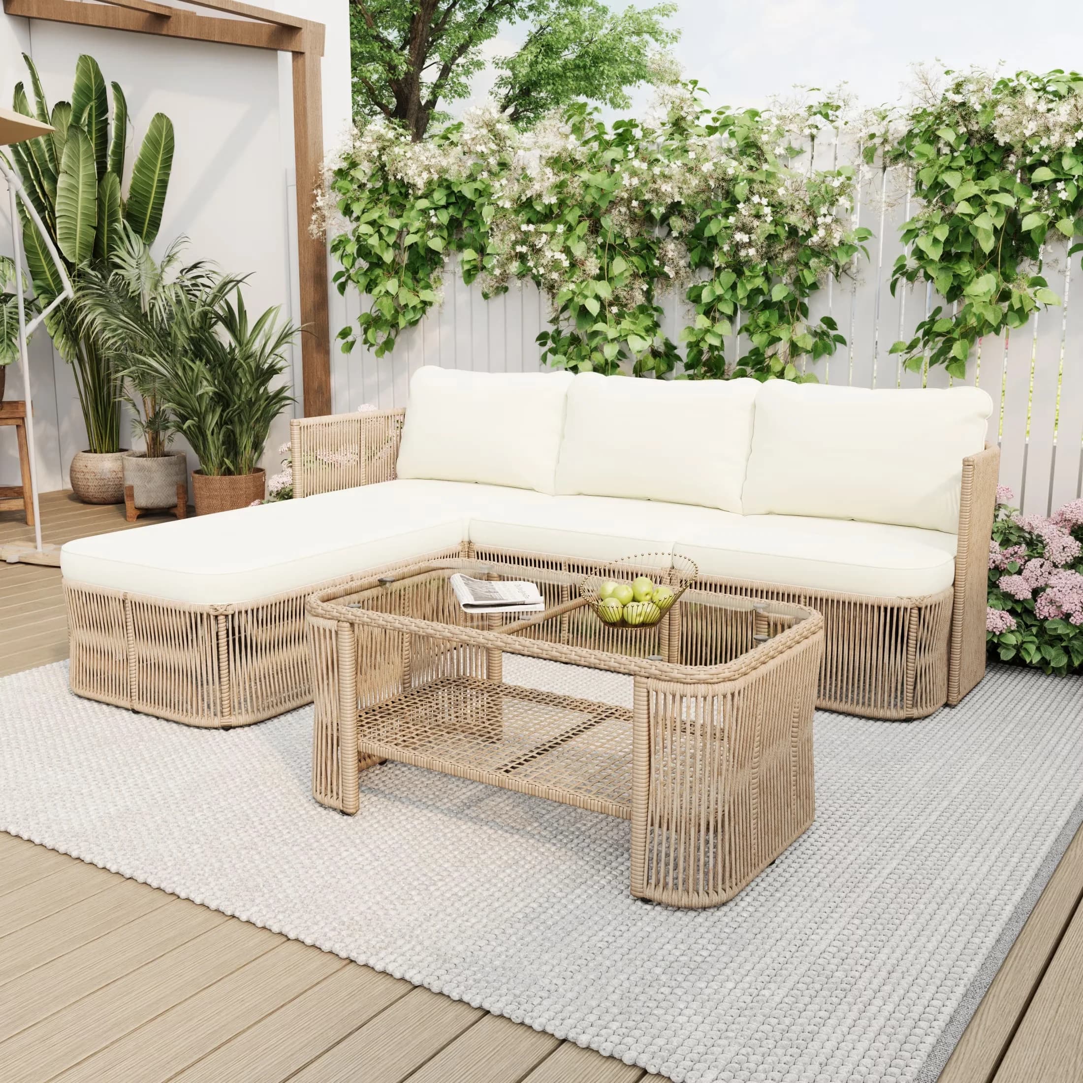 Patio Conversation Set Innovative with Storage, Coastal Outdoor Rattan Sectional Sofa - Pe Rattan + Iron + Cushion + Glass Beige Model 549851