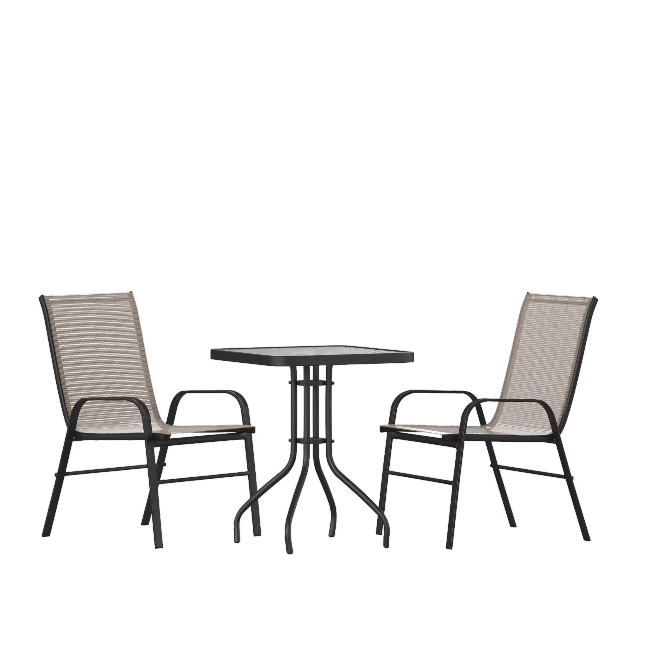 Essential Patio Dining Set with Brown, Top Size: 23.5" Square; 1.5" Edge Top - Brown Fabric, Steel, Textilene, Glass, Plastic Model 12ABF9