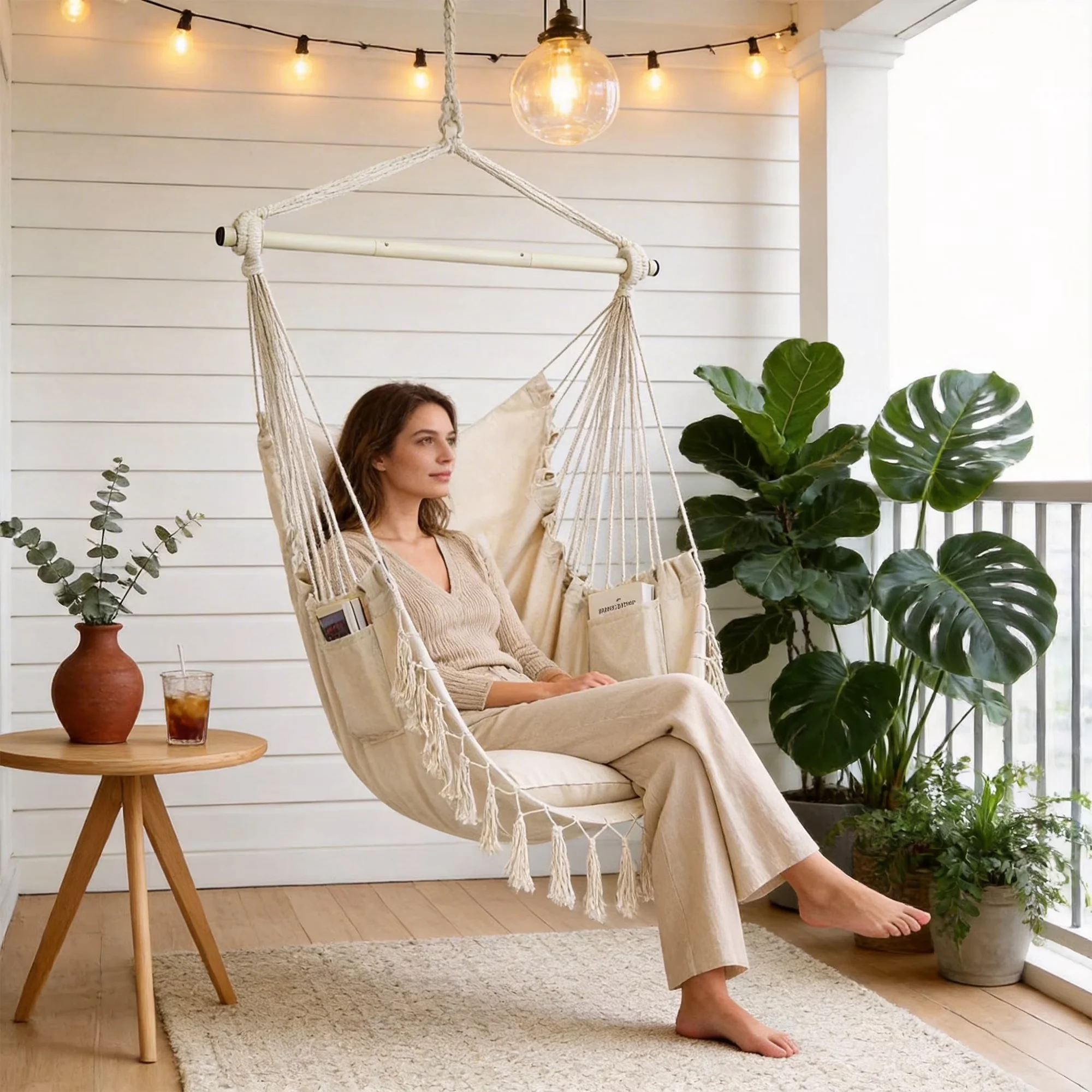 Premium Patio Chair with Detachable Metal Bar & Cushions, Indoor Outdoor Swing - Beige Polyester for Patio, Bedroom Model 41380E