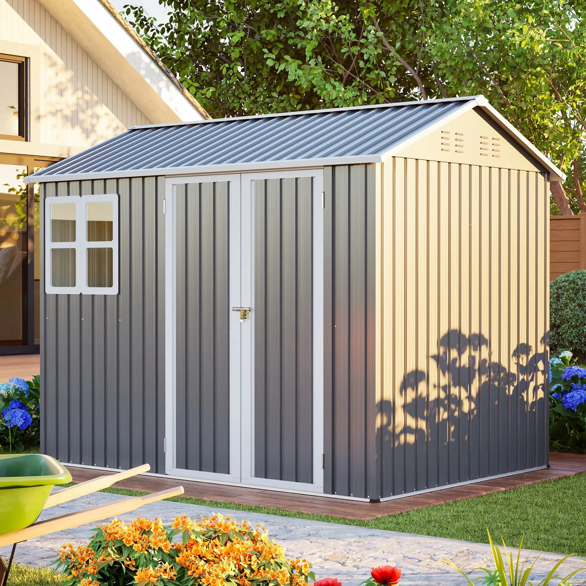 Shed Reliable with Lockable Door, Heavy Duty Ventilated Outdoor Metal, Large Galvanized Steel Storage - Gray Metal for Garden, Patio Model FA9FA6