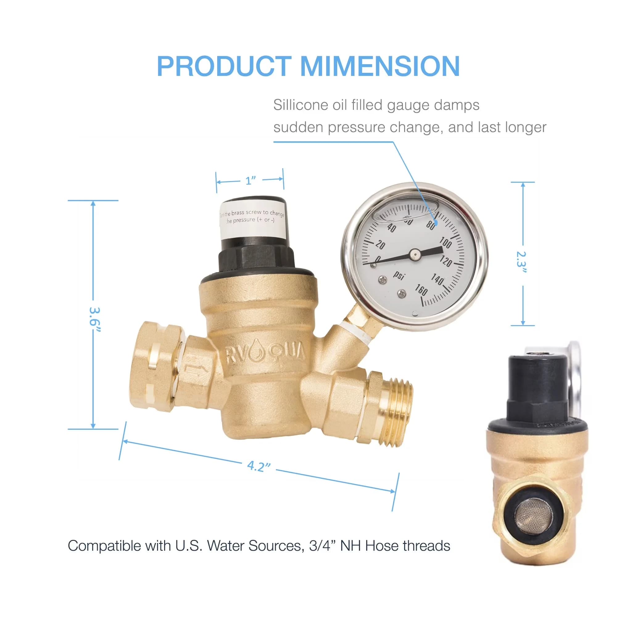 Quality Air Tools Compressor with Adjustable, M11-45PSI Water Pressure Regulator - Brass 4.2" x 1" x 3.6" for Rv Model 316C73