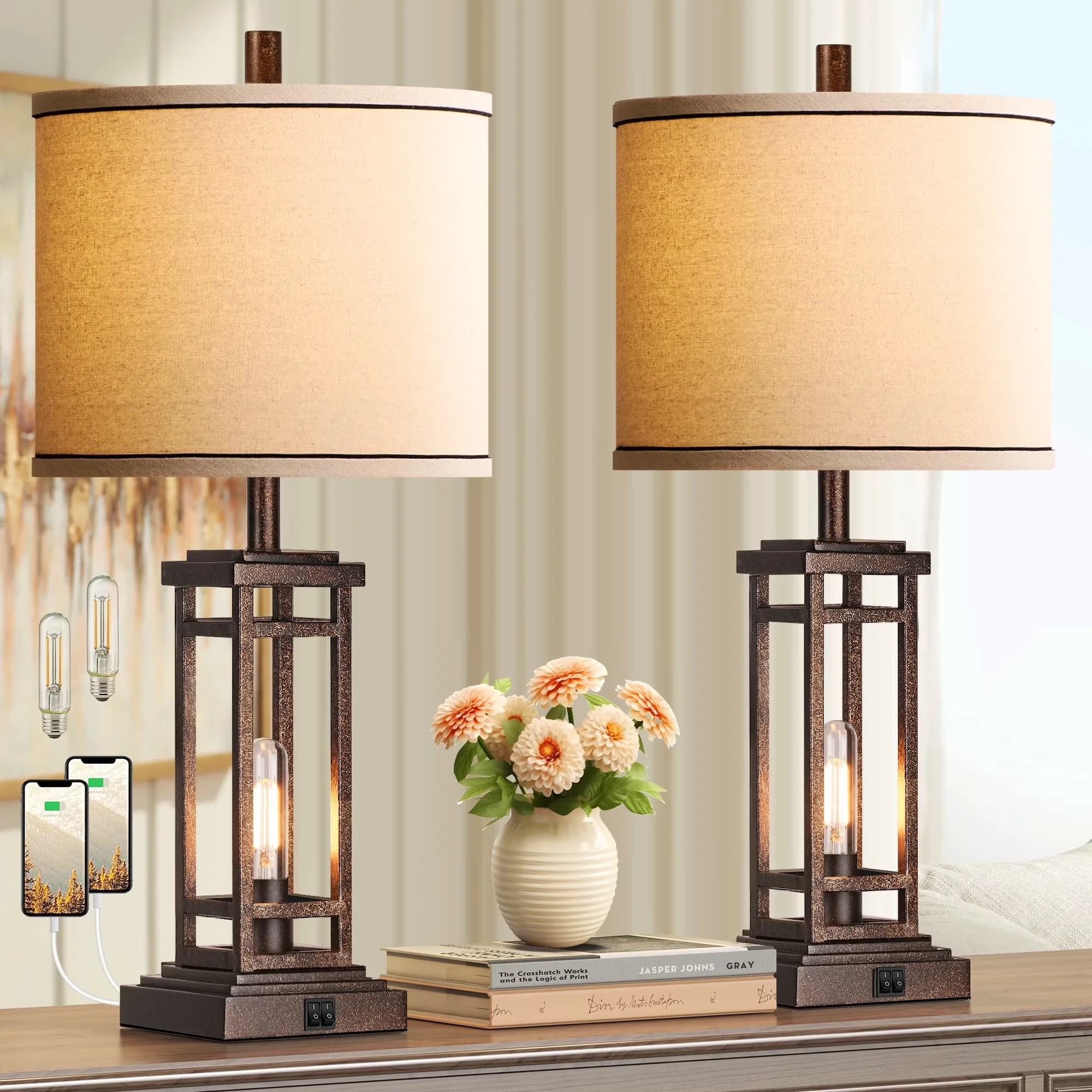 Lamp Set Stylish with LED, Farmhouse, Eco Friendly - Metal Bronze for Living Room, Bedroom Model 133464