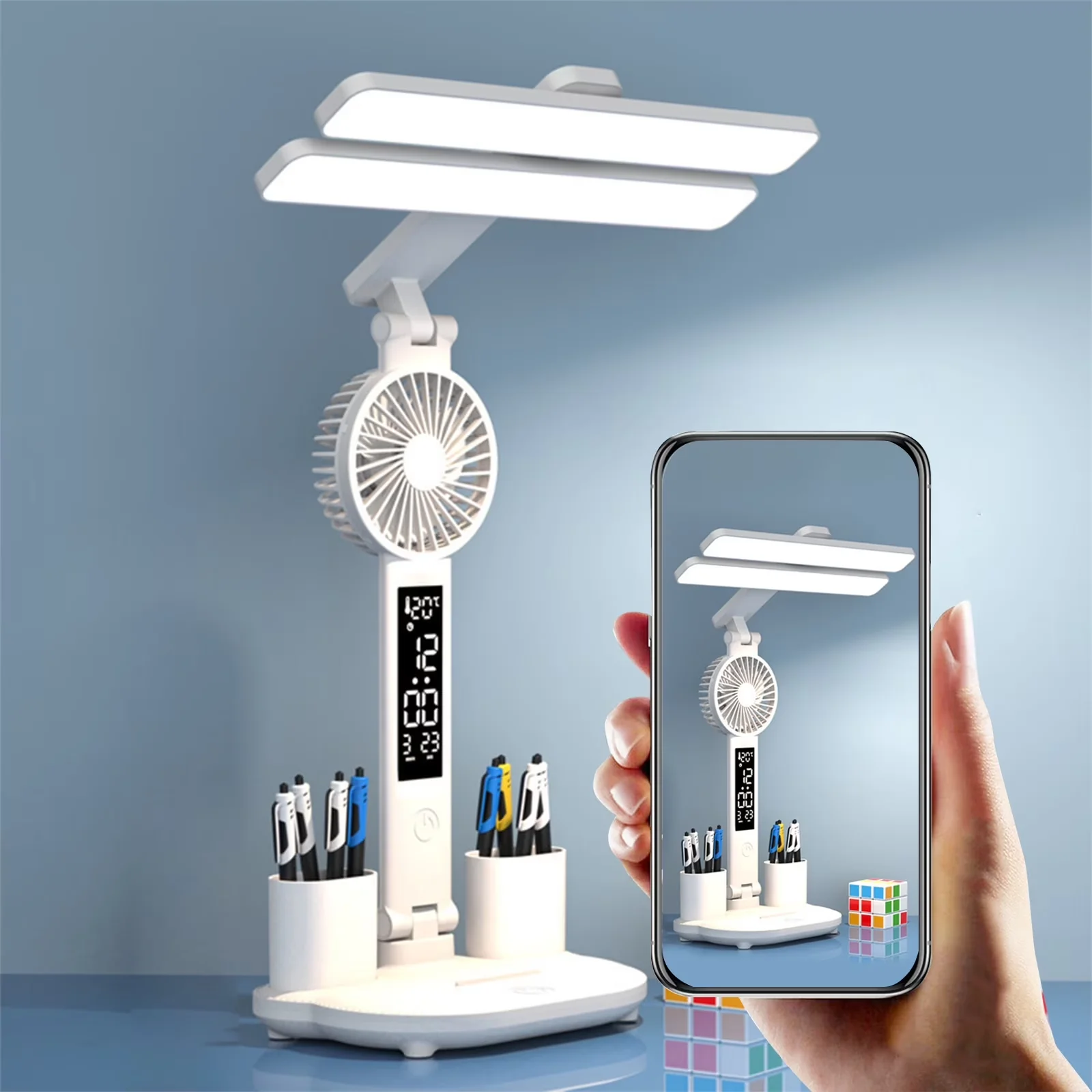 Desk Lamp Reliable with LED, Battery, Pen Holder and Fan - Multicolor Abs for Home Office, Study Model 632B1B