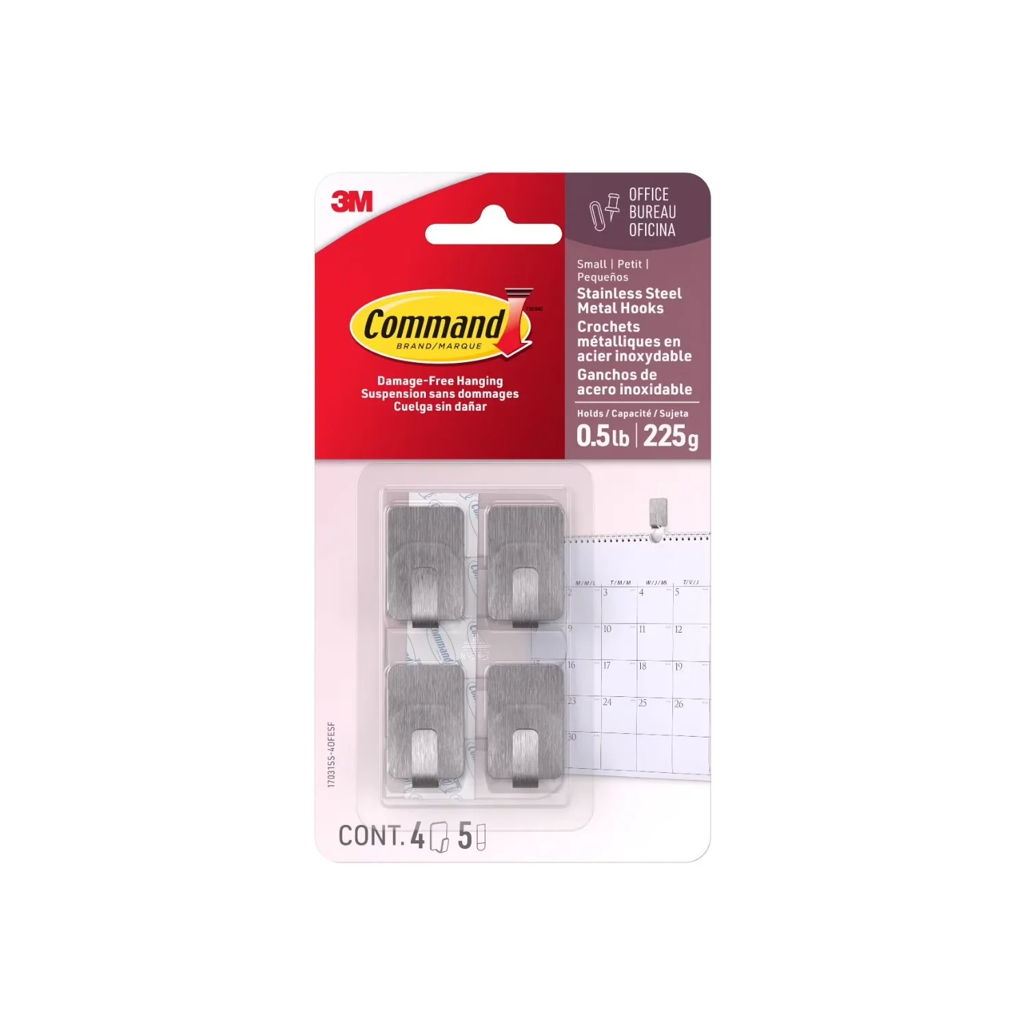 Reliable Damage-Free Hanging with Easy Installation, 4 Hooks, 5 Strips per Pack - Stainless Steel Silver Model 64AFAB