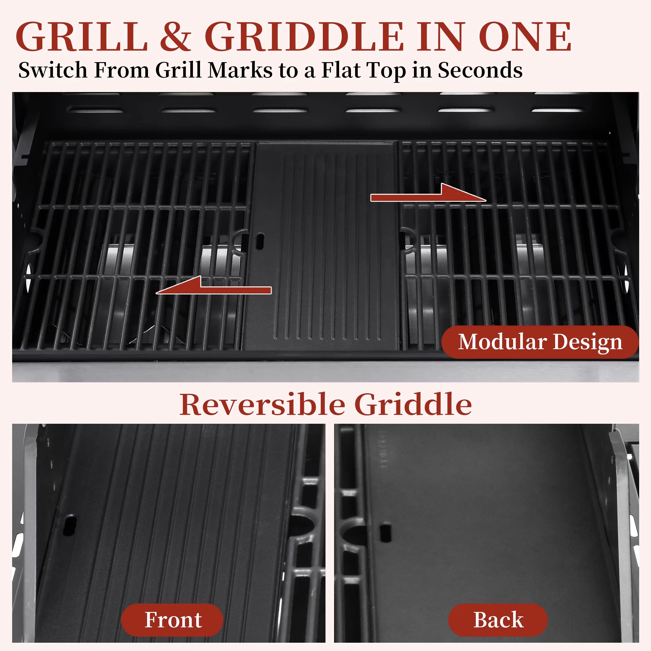 Professional Gas Grill with 73000 BTU, Grease Pan - Stainless Steel, Powder-Coated Steel, Porcelain-Enameled Cast Iron Black Model D8F219