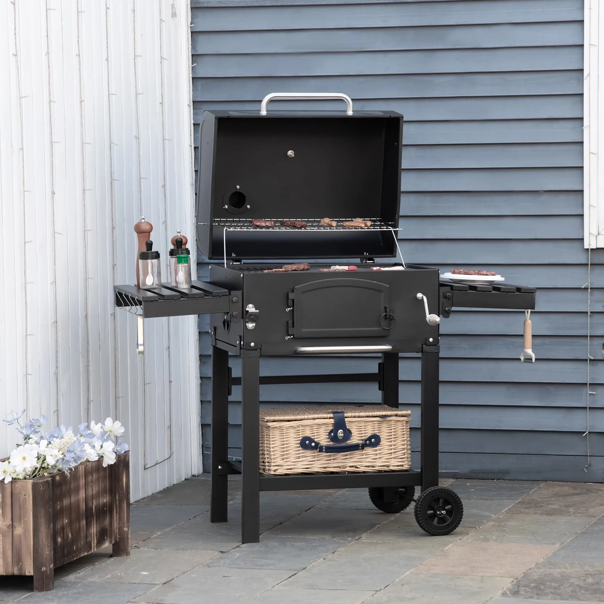 Quality Charcoal Grill with 26", Bottom Shelf and Adjustable Height, Side Table - Black Steel, Enameled Cast Iron Model AB09DA