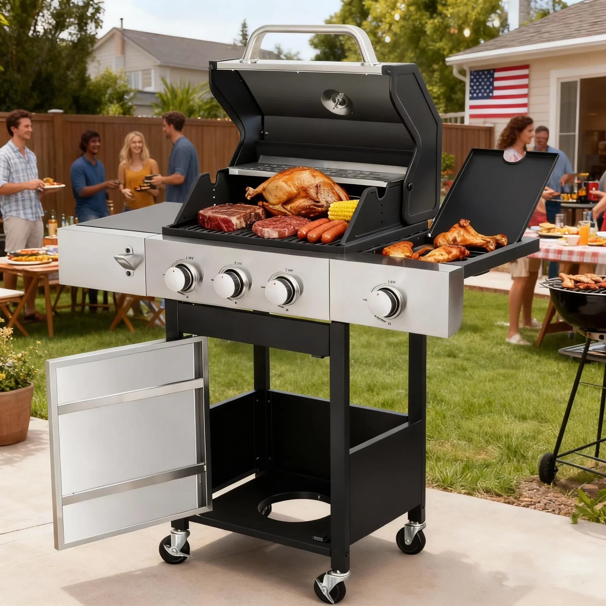 Sleek Gas Grill with 37230 BTU, Heat Thermometer - Silver Iron,Stainless Steel for Patio, Garden Model 1340C7