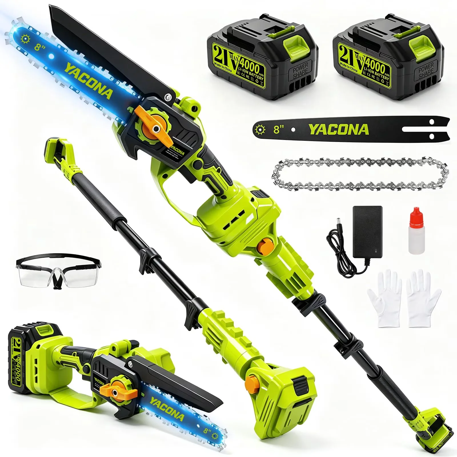 Innovative Pole Saw with Battery, 21V, Telescoping - Green - Contemporary Style Model 8B218B