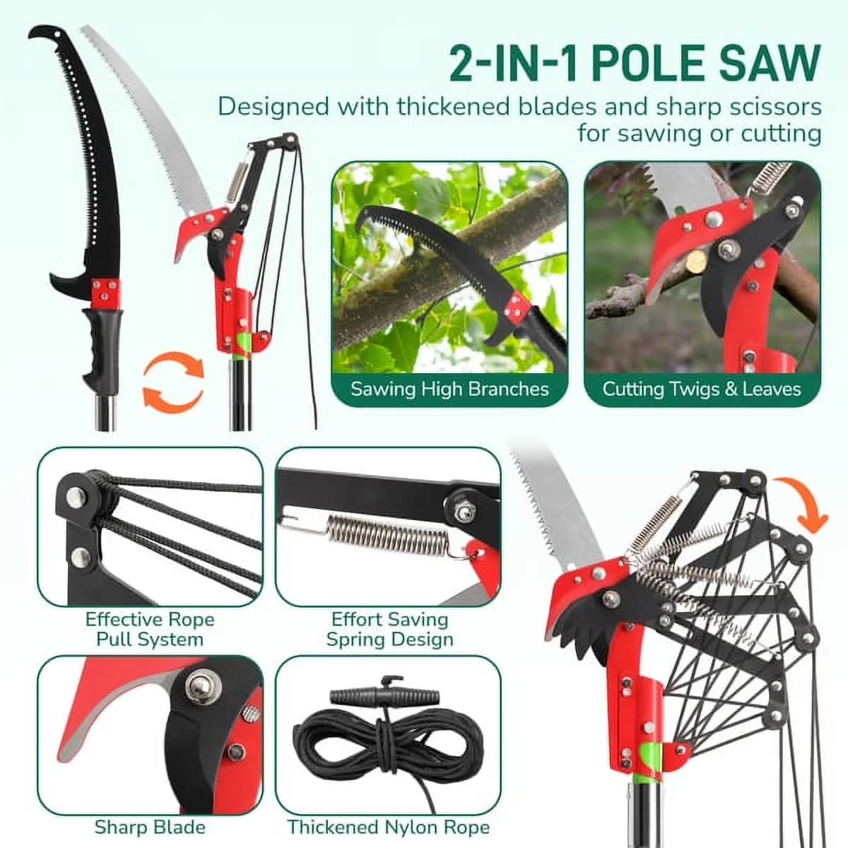 Pole Saw Professional with Tree Trimmers Long Handle Pruner Set, 26ft Manual, Sharp Steel Blade and Scissors - Green Model 6A8357