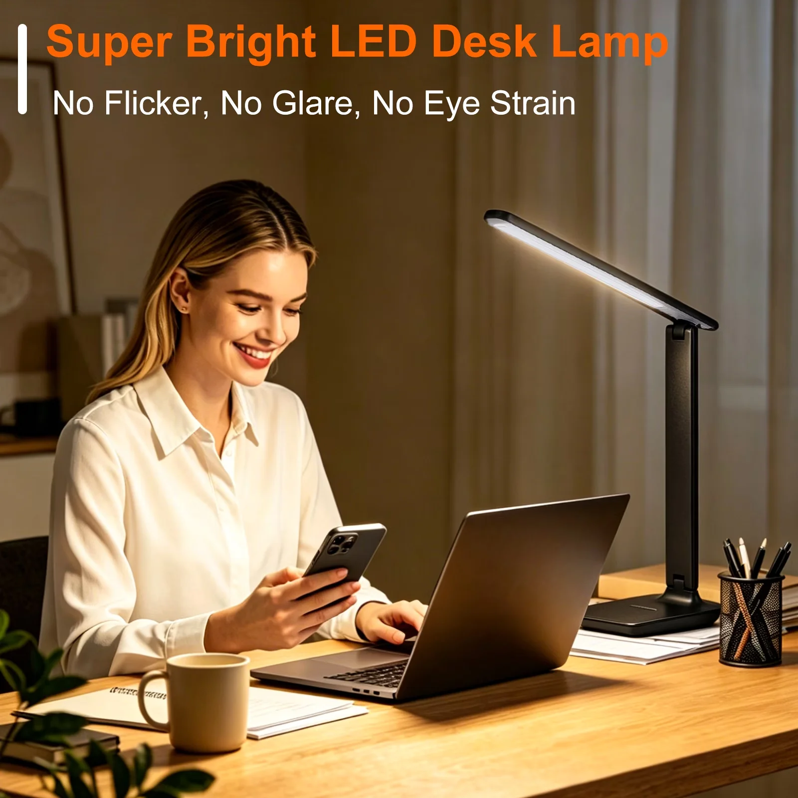 Durable Desk Lamp with LED, Standard Lamps - Plastic Black for Home Office, Study Model FDF419