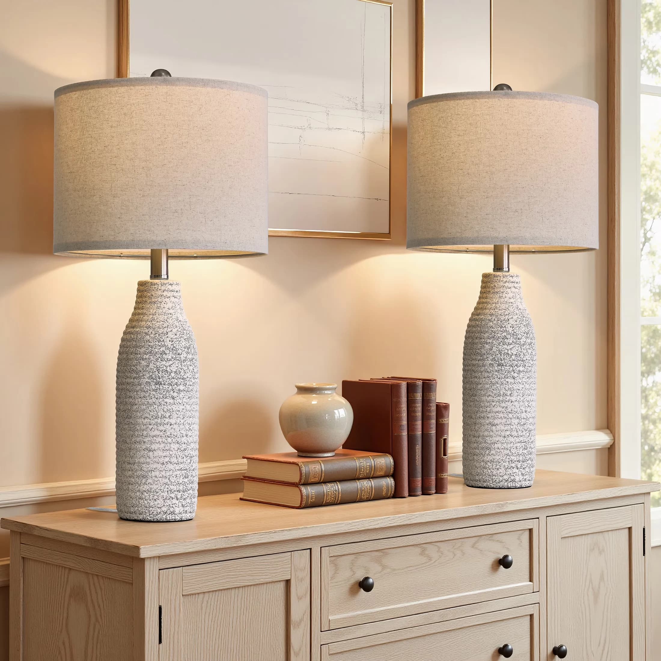 Stylish Table Lamp with LED, Modern, 25" White Ceramic Lamps Set of 2 - White Ceramic for Living Room, Bedroom Model B6579F