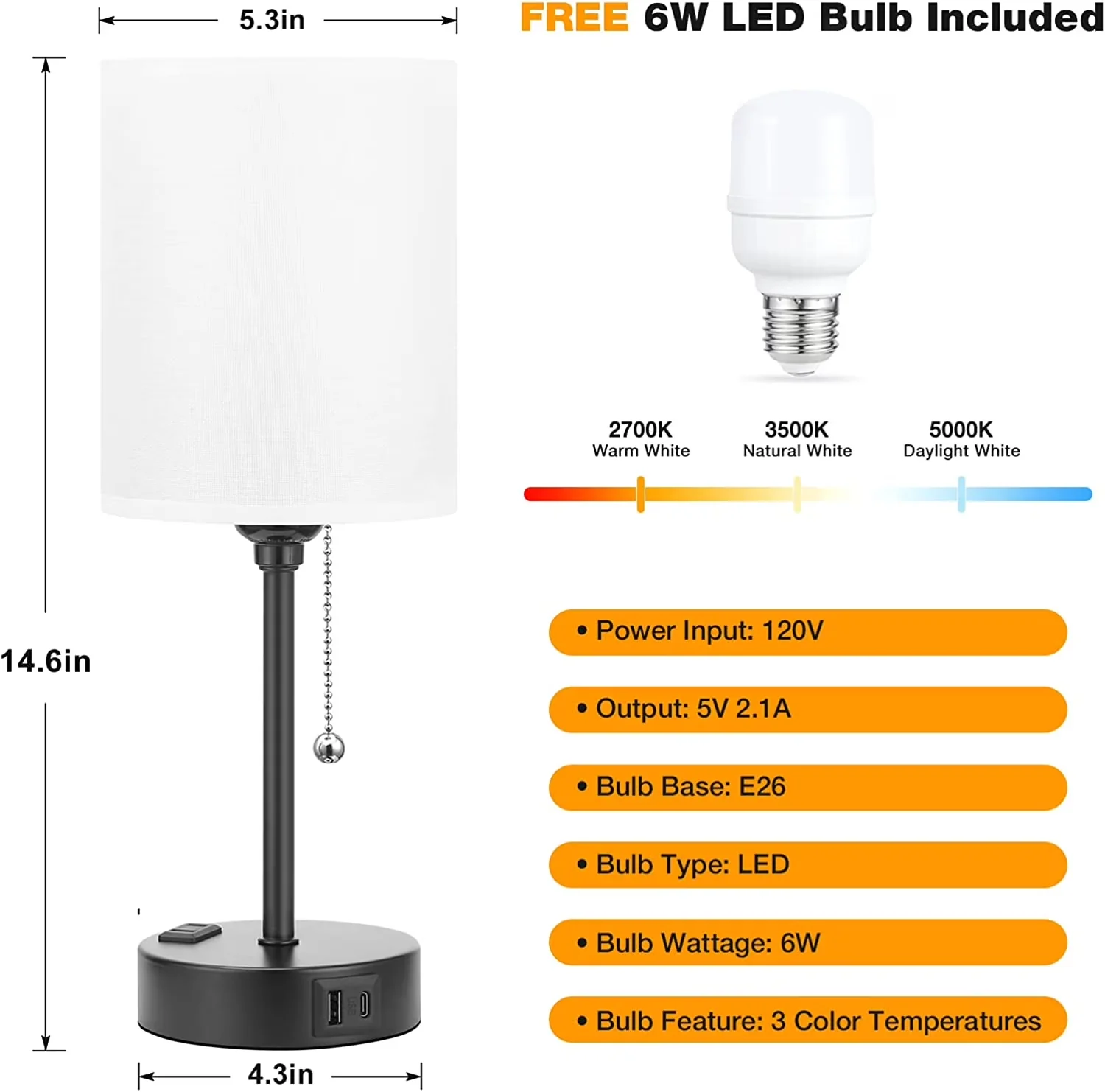 Efficient Lamp with LED, Eco Friendly, Bedside Lamps - Metal White 6 inch Model 8C567D