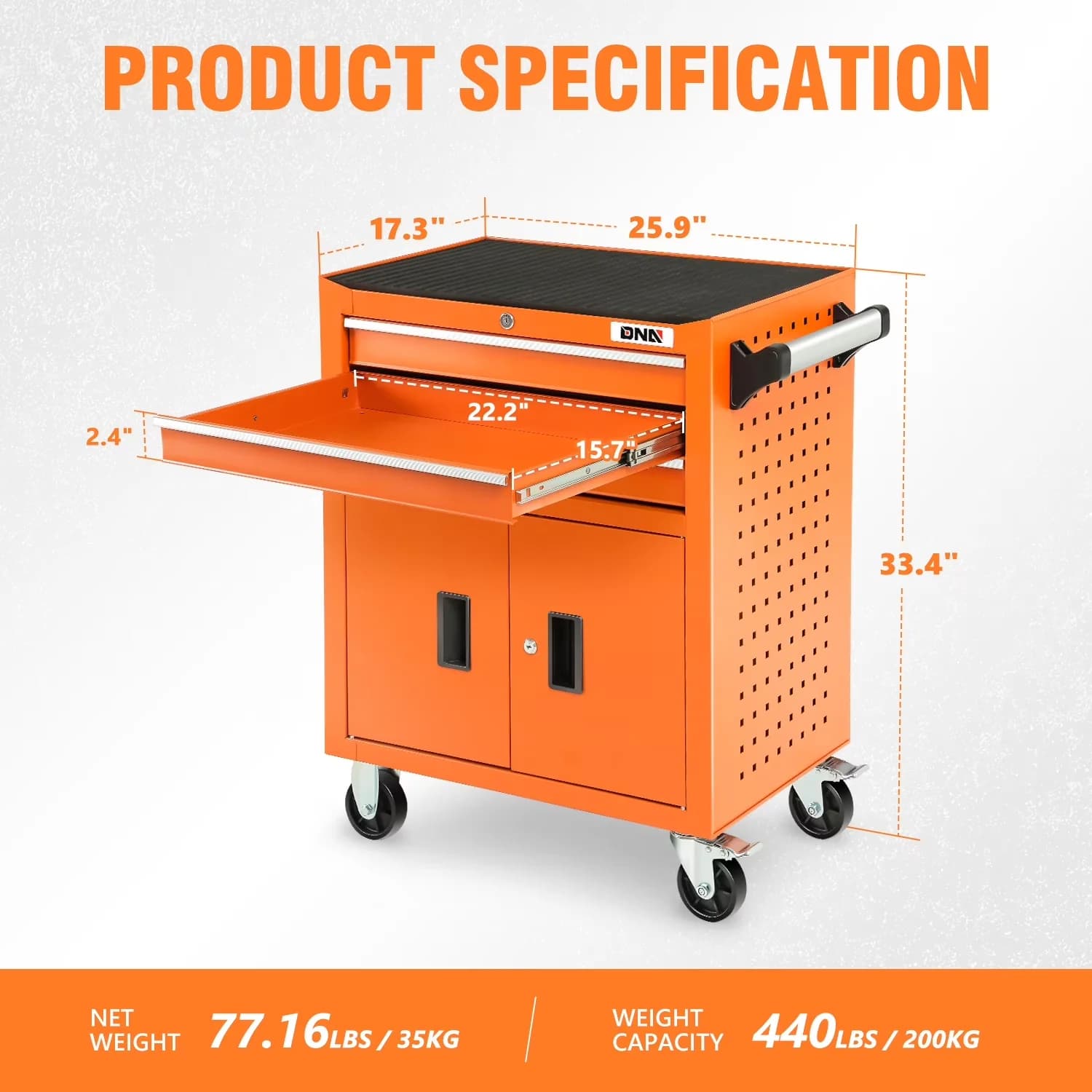 Quality Toolstorage with Swivel Casters, Lockable - Stainless Steel Orange Model 59D707