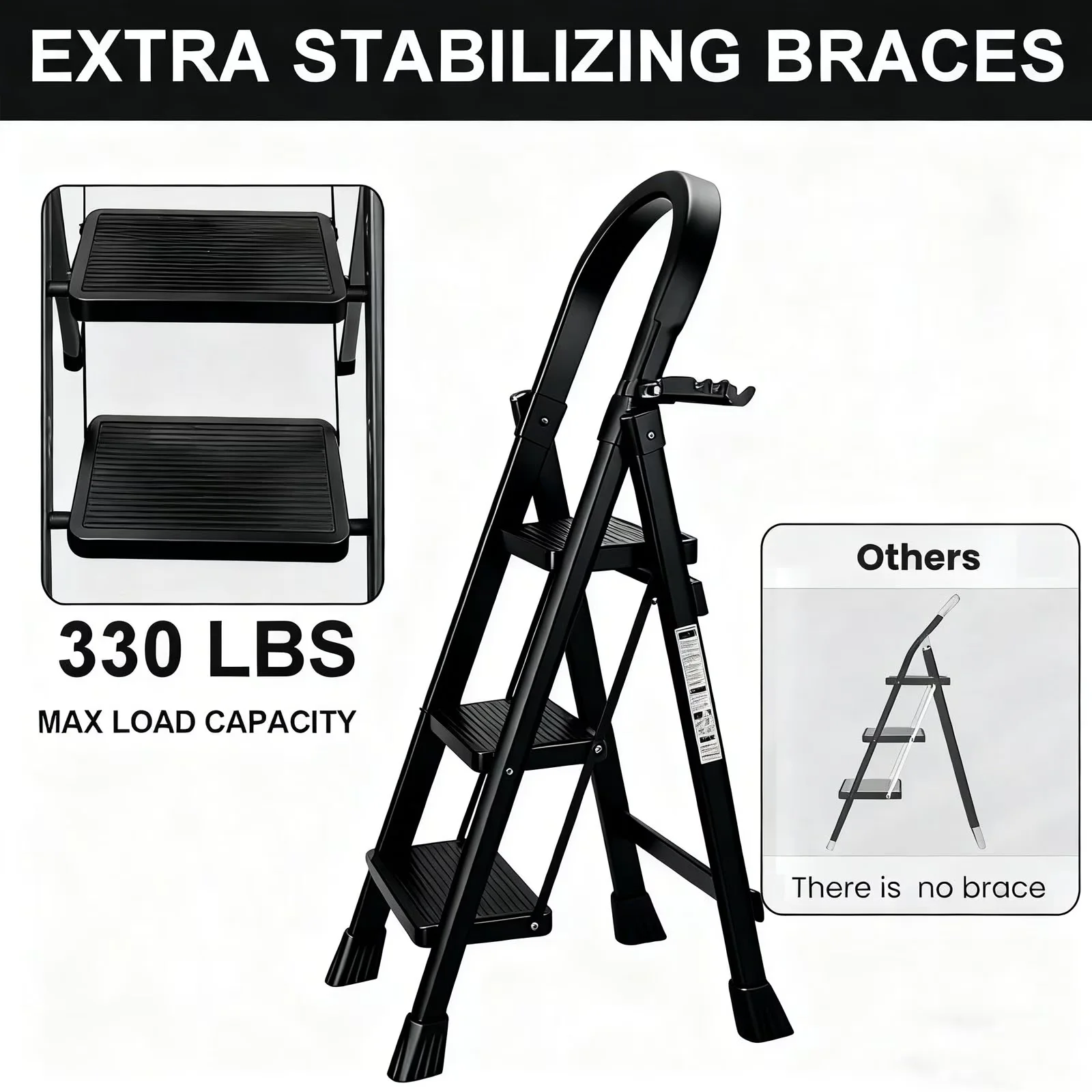 Ladders And Step Stool Stylish with Stackable, Foldable, 3 Ladder Folding - Black Carbon Alloy Steel for Home, Kitchen Model E150E6