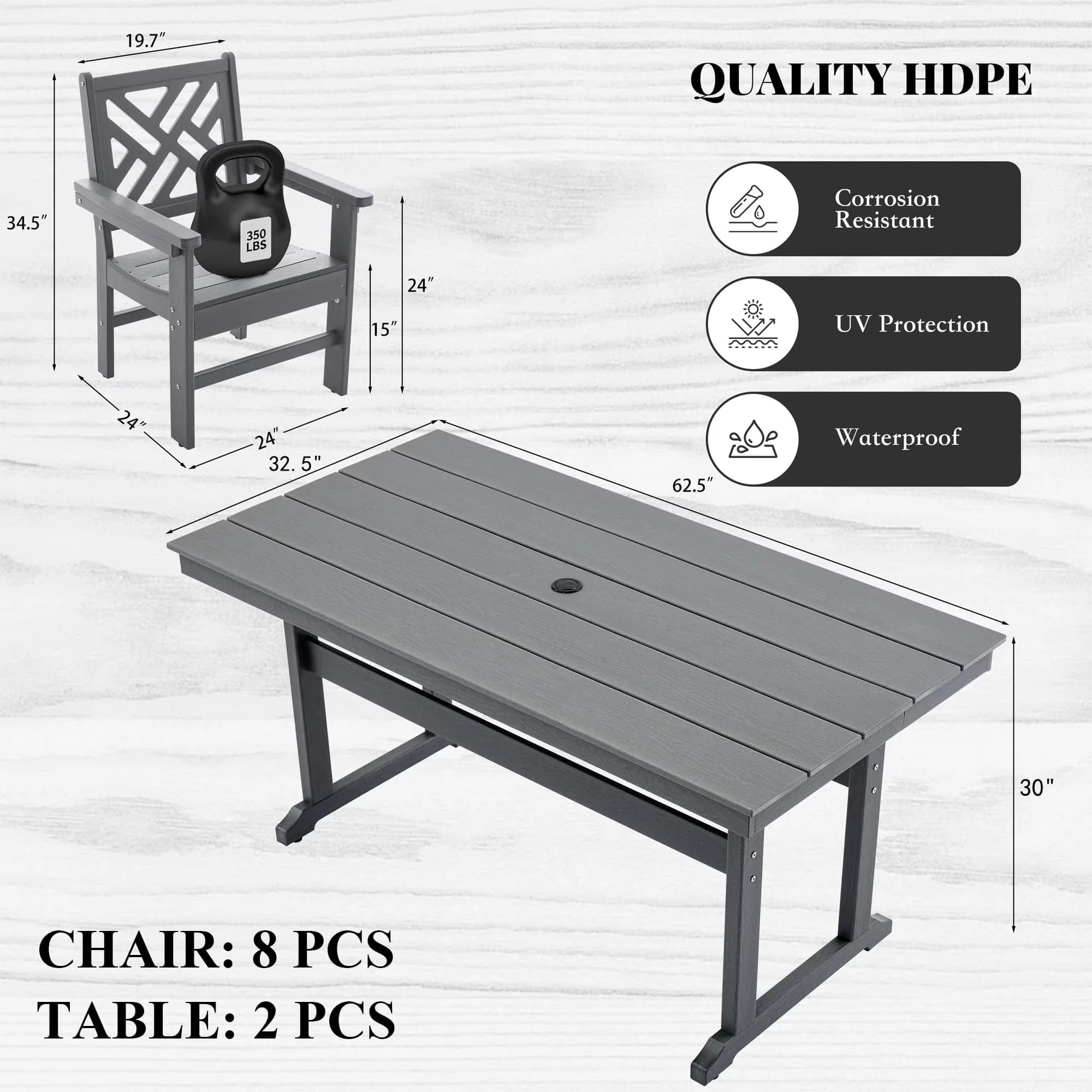 Patio Dining Set Efficient - High Density Polyethylene Gray for Outdoor Model 09808E