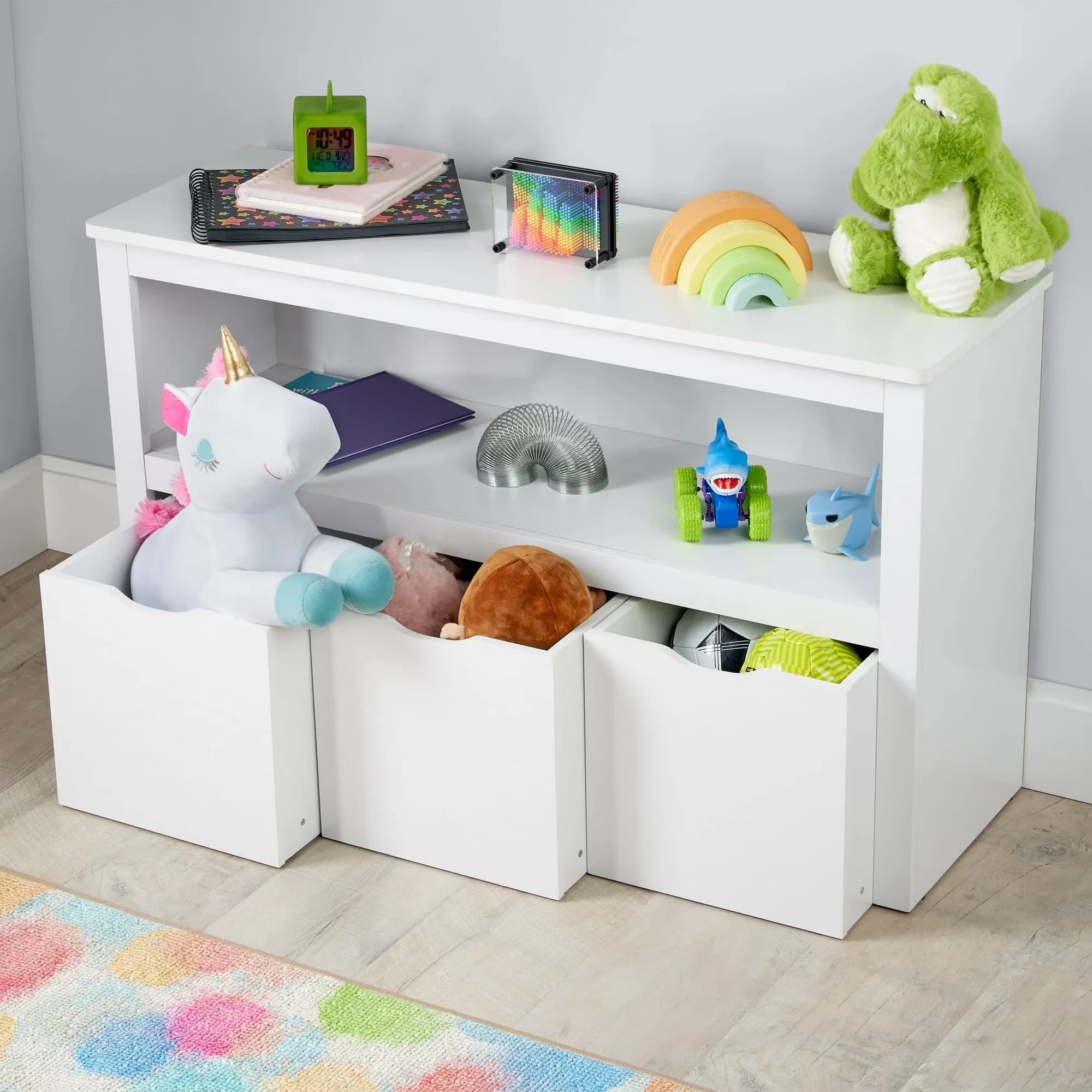Reliable Garage Storage Supply with Wheeled, Toy Cabinet, Three Rolling Bins - White Engineered Wood Model 4E4C97