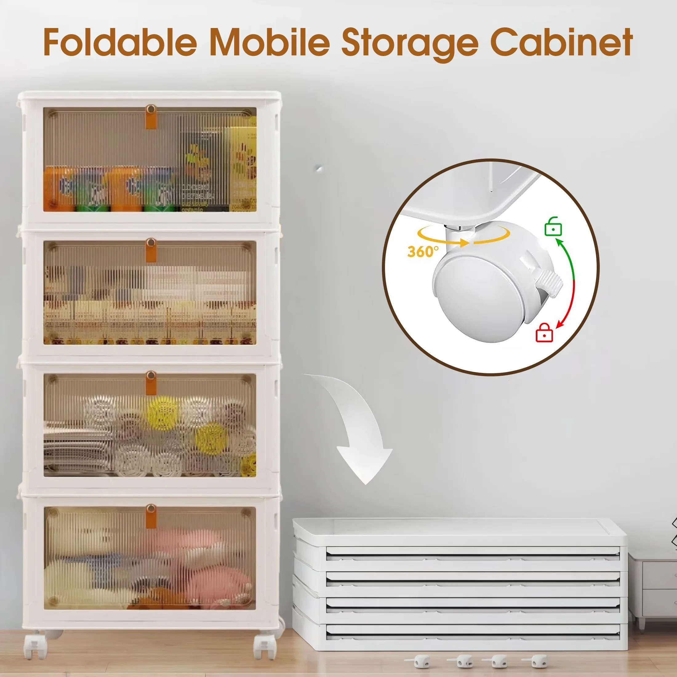 Garage Storage Supply Durable with Stackable, Lids and Wheels, 4 Tier Folding Box - White Pp for Living Room, Office Model 790D04