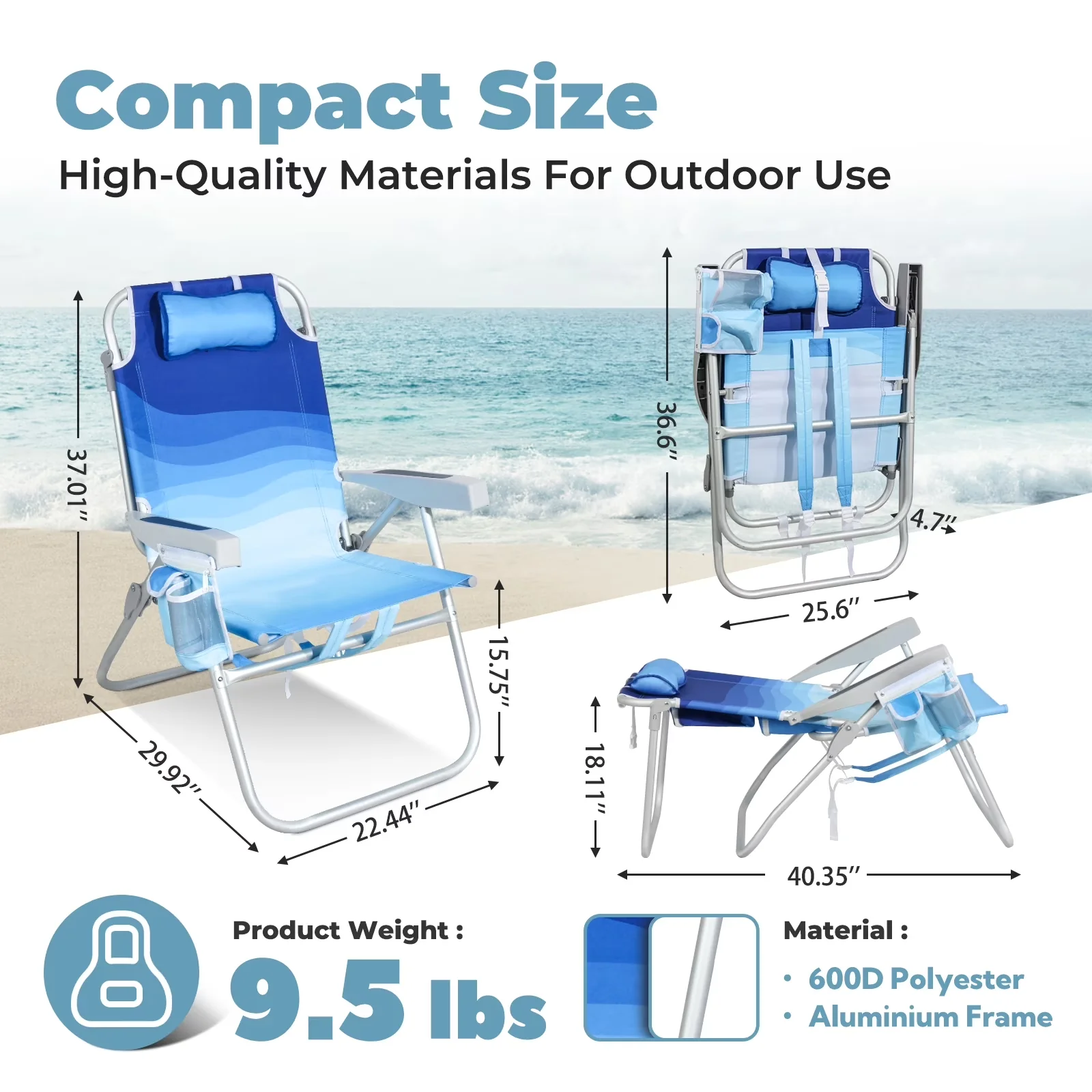 Beach Chair Stylish with Folding, Supports 300 lbs, 5-Position Reclining - Blue Model BE094D