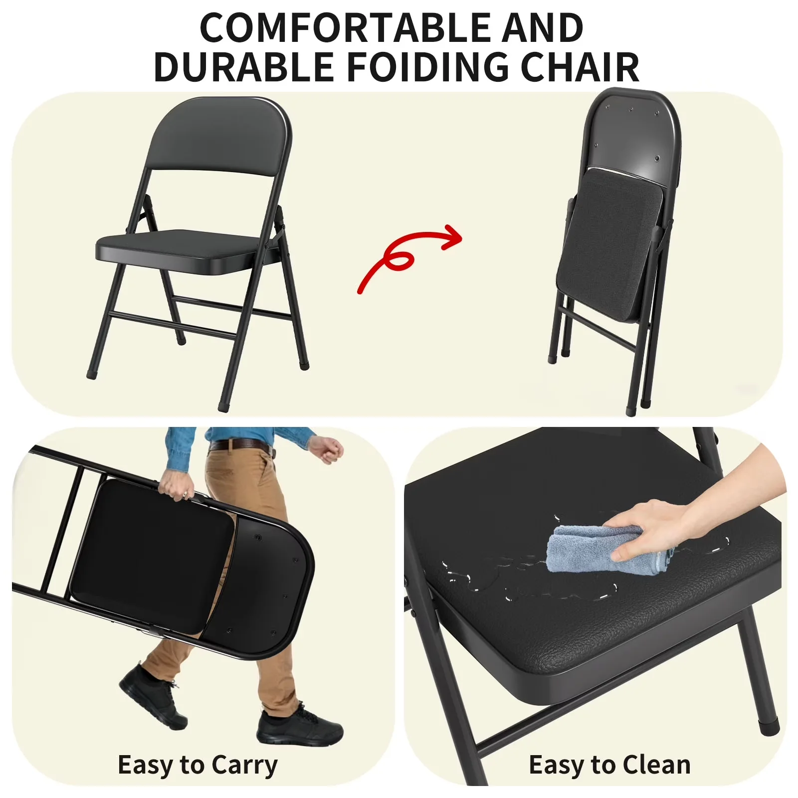 Modern Patio Chair with Padded, Set of 12 Folding Chairs, Padded Seats and Backs - Black for Indoor, Outdoor Model 2924F3