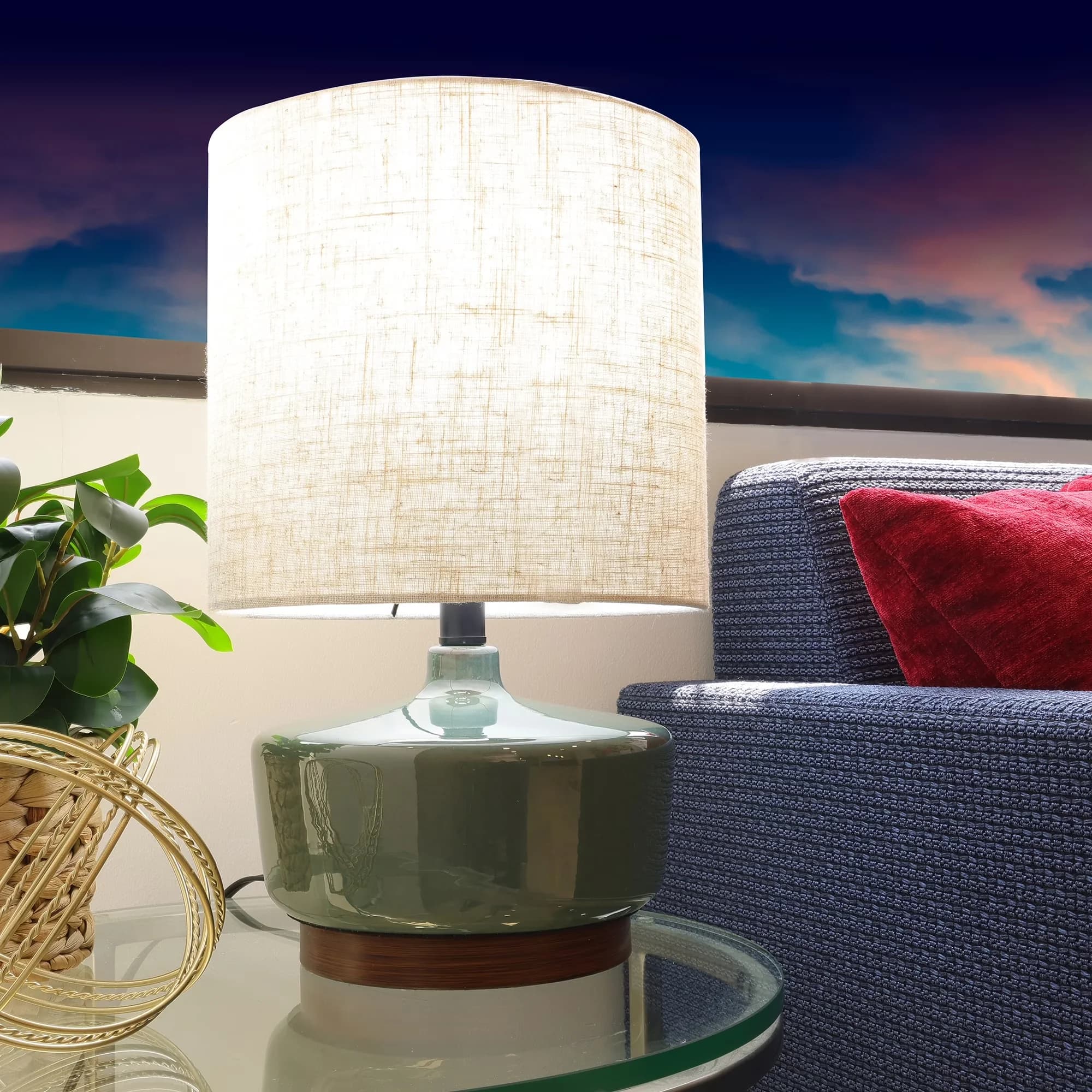 Table Lamp Durable with Incandescent, Mid-Century, Power Outlet - Wood, Ceramic Green Model 43C05C