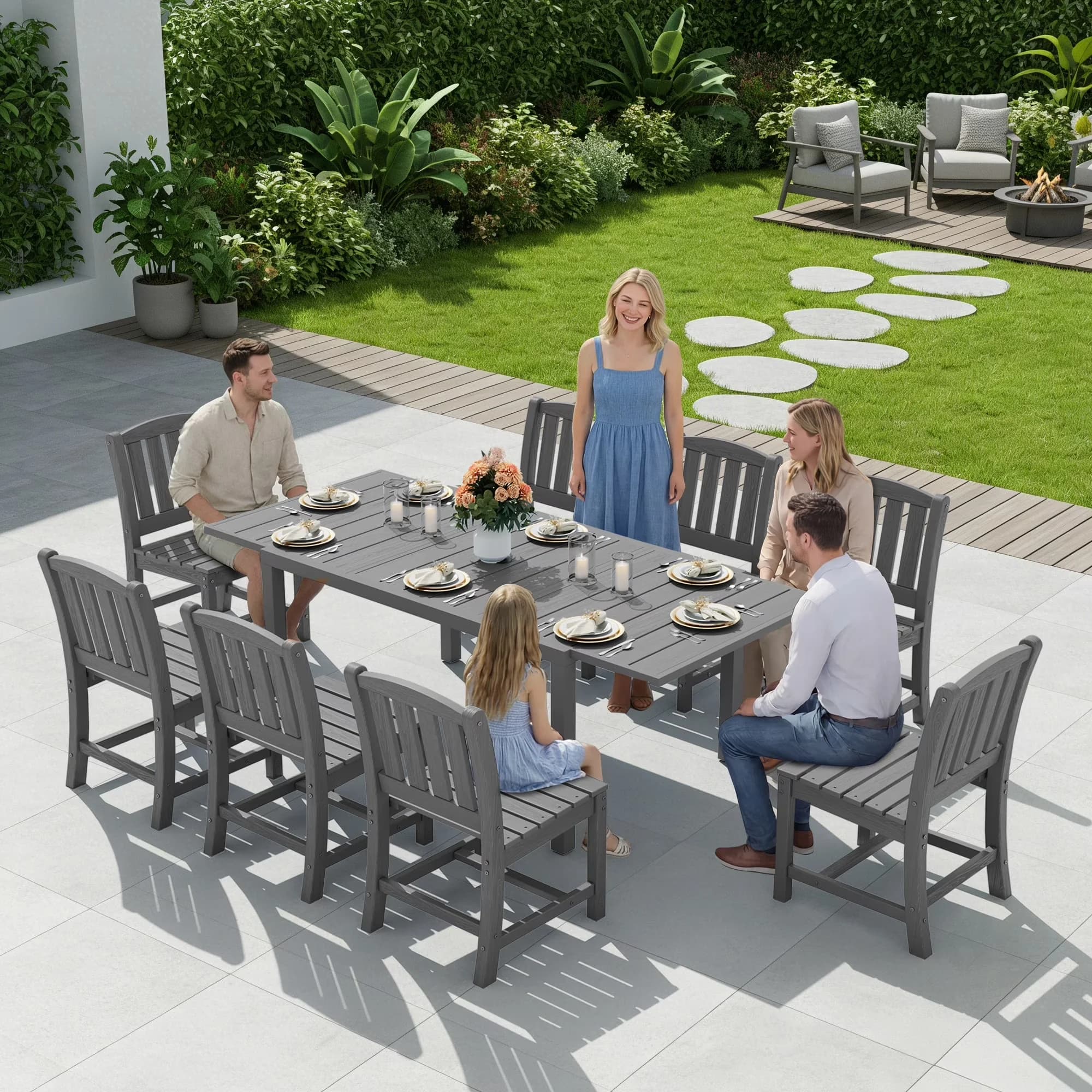 Essential Patio Dining Set with Weatherproof, Foldable, 9-Piece Outdoor - 9 - Armless Chairs Gray for Garden Model DCB58F